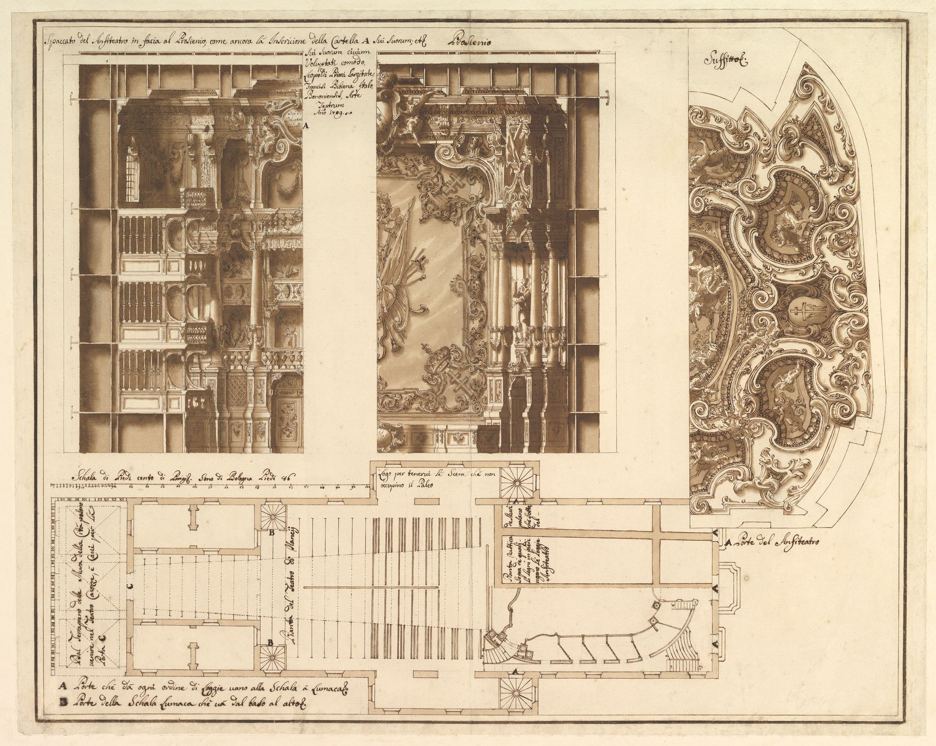 Designs for the Theater at Nancy: View of Half the Proscenium and a Half a Section of It; End of the Ceiling; and Ground Plan by Francesco Galli Bibiena