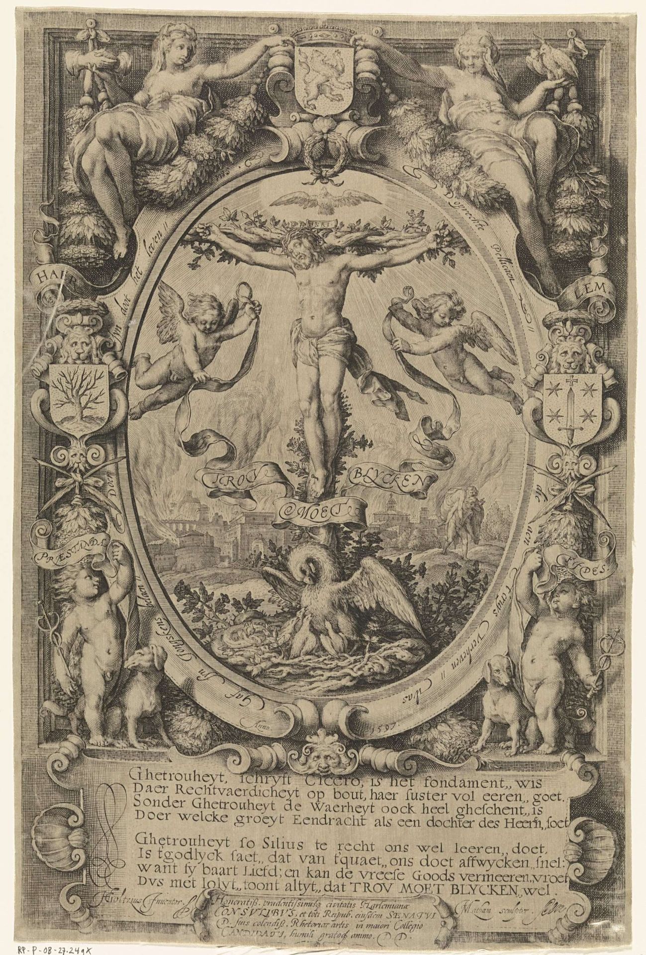 Kruisiging in allegorische omlijsting by Jacob Matham