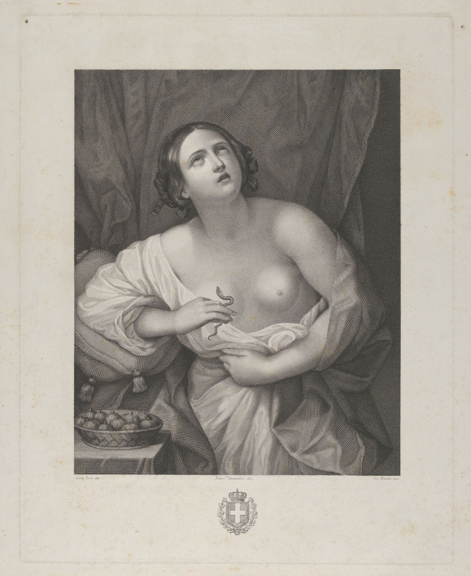 Cleopatra looking upwards while holding an asp in her right hand and clutching at her stomach with her left, a bowl of figs at left, after Reni by Giovanni Rivera
