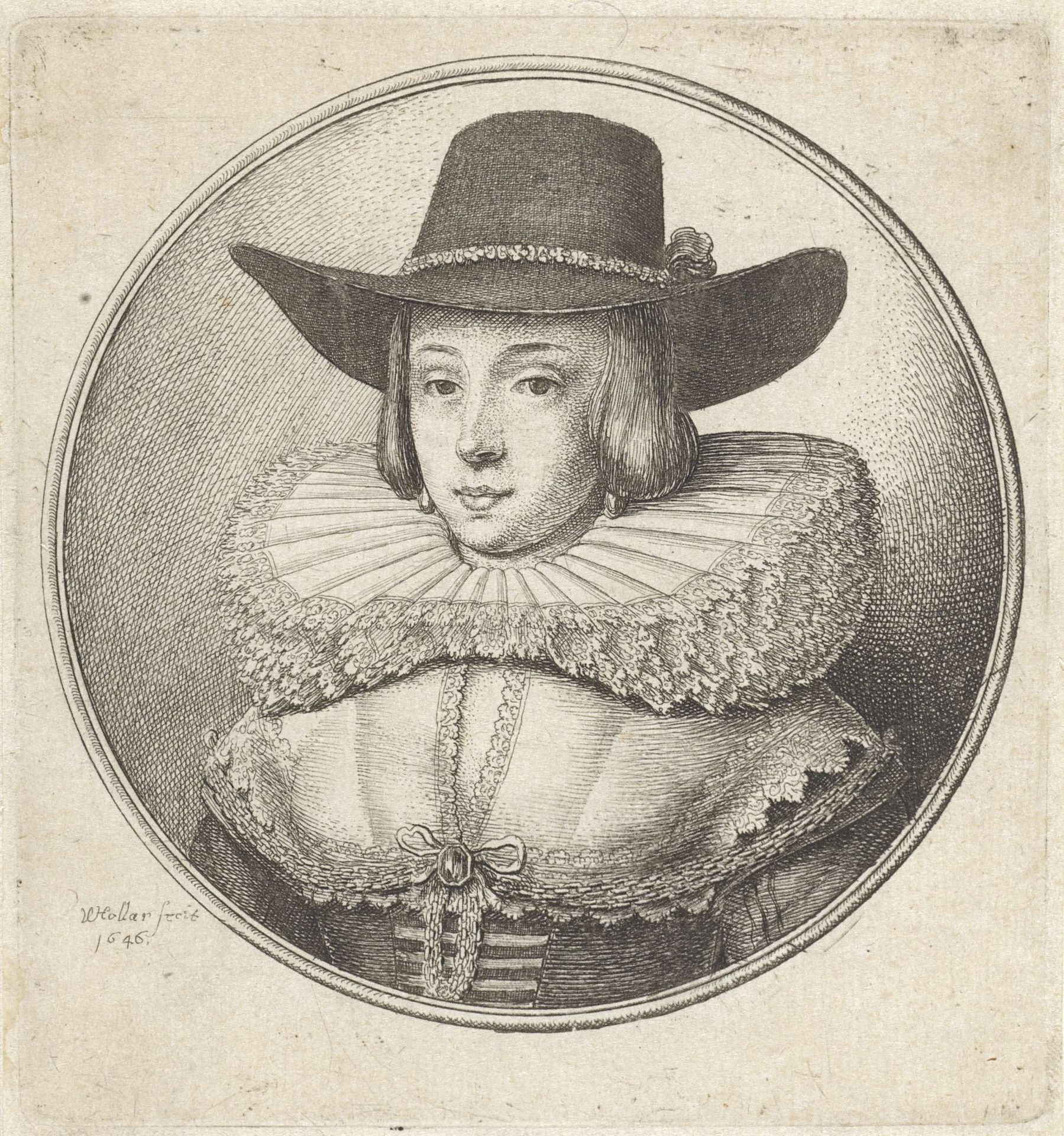 Vrouw met plooikraag en breedgerande hoed by Wenceslaus Hollar