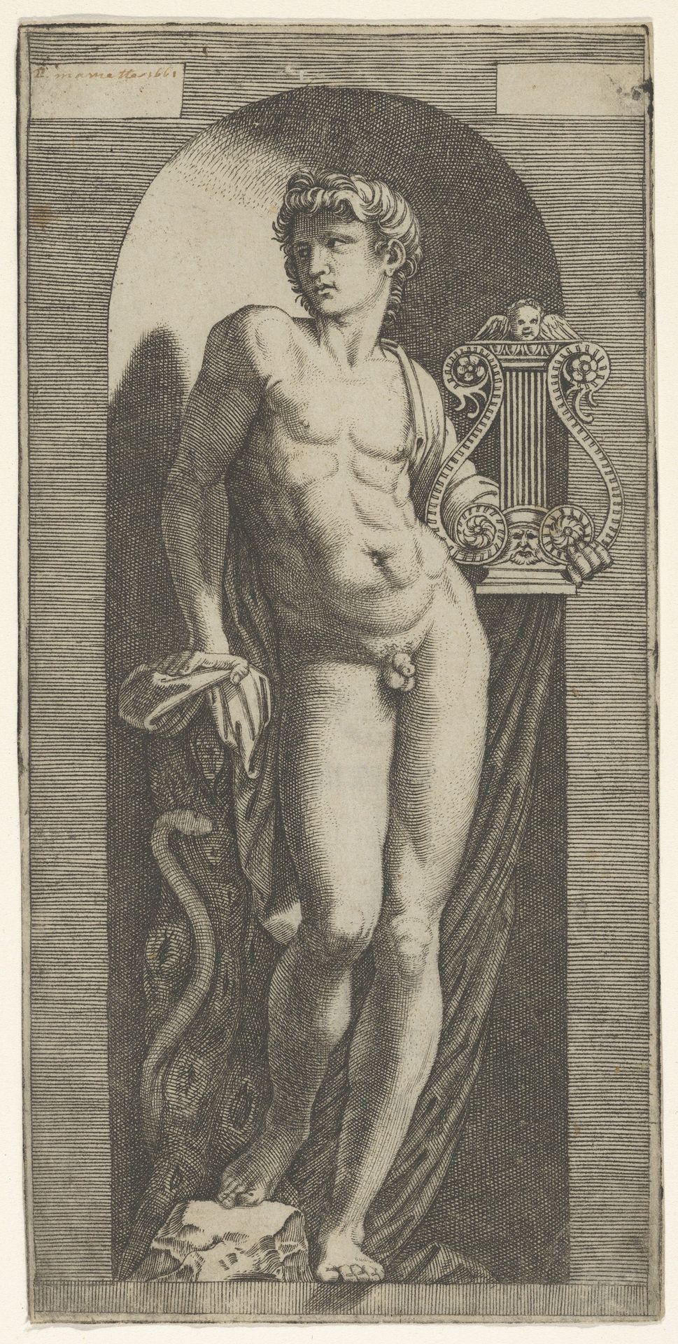 A statue of Apollo, naked standing in a niche, holding a lyre in his left hand and leaning on a tree trunk by Marcantonio Raimondi