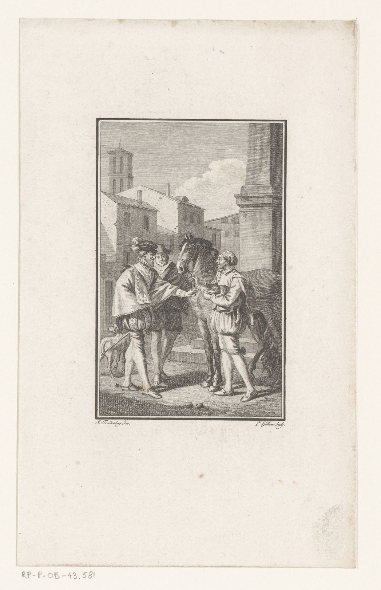 Gezelschap met paard, hond en kat in een dorp by Louis Michel Halbou