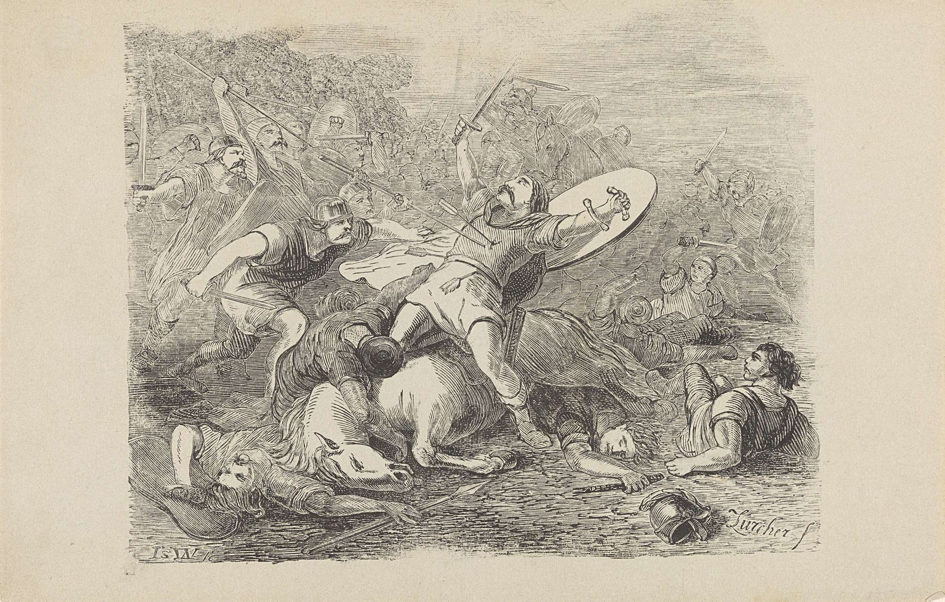 Veldslag met vechtende en gewonde mannen by Isaac Weissenbruch