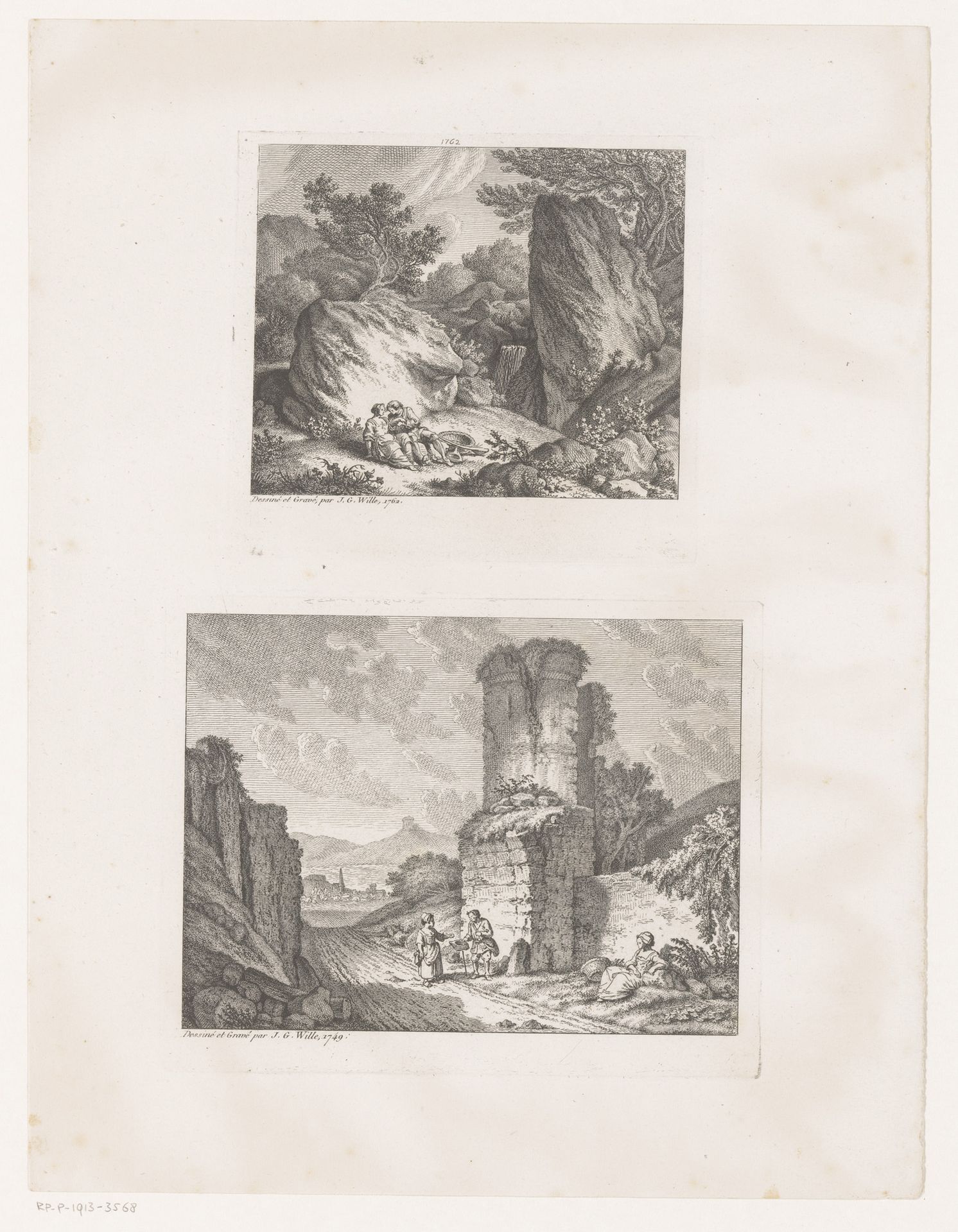 Jager met jonge vrouw in een landschap en een bedelaar bij een ruïne by Johann Georg Wille