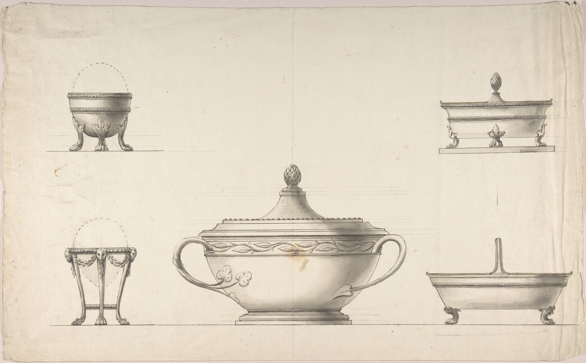 Covered Dish, Two Egg Cups, and Two Salt Cellars by Anonymous