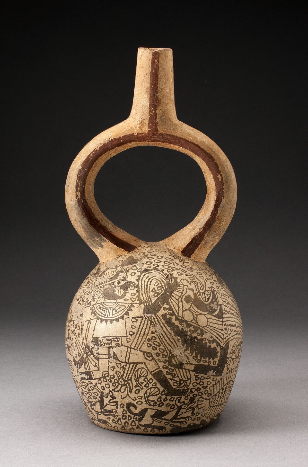 Stirrup Spout Vessel with Fineline Mythical Battle Scene by Moche