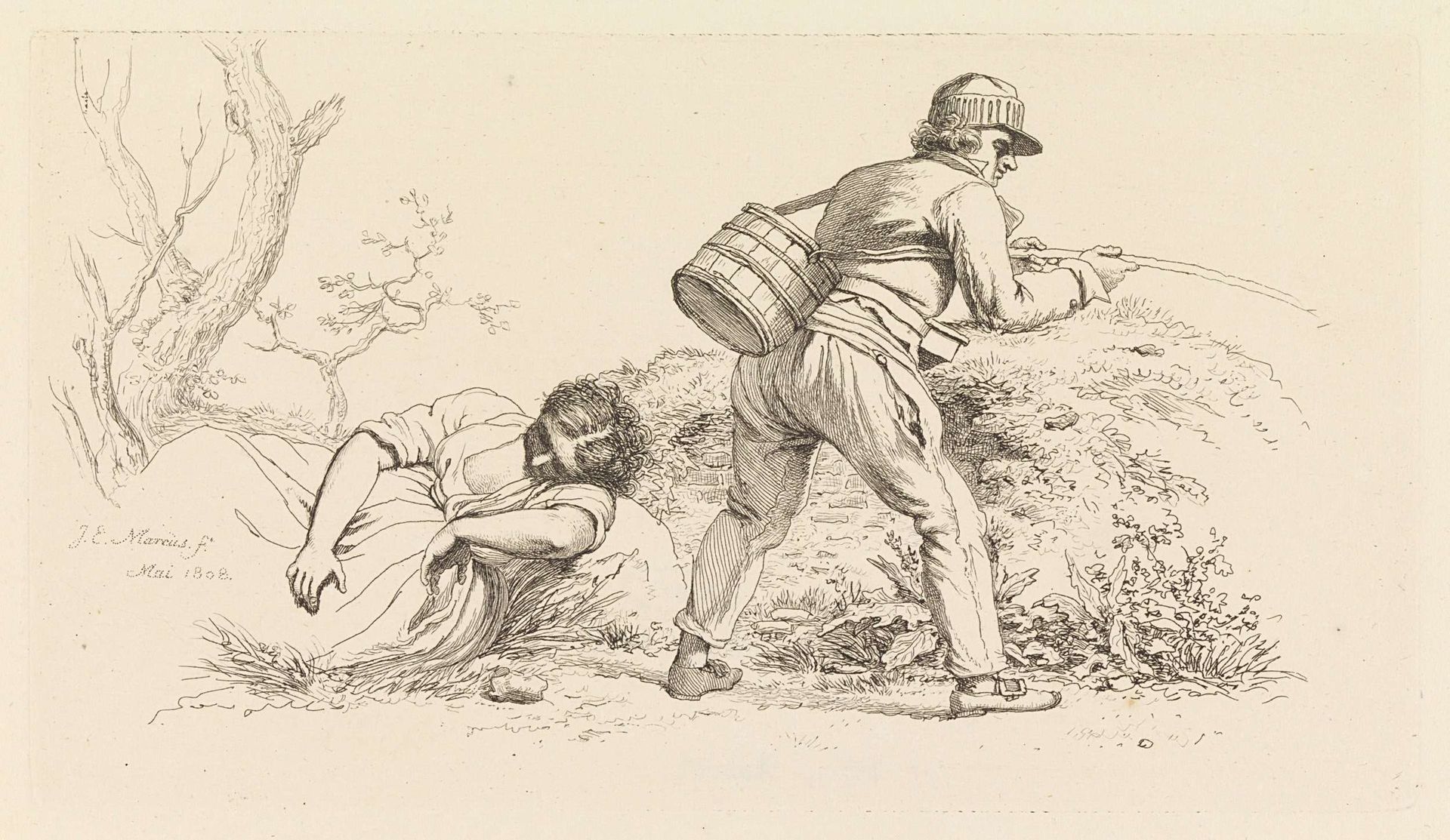 Studieblad met een slapende vrouw en een hengelaar by Jacob Ernst Marcus