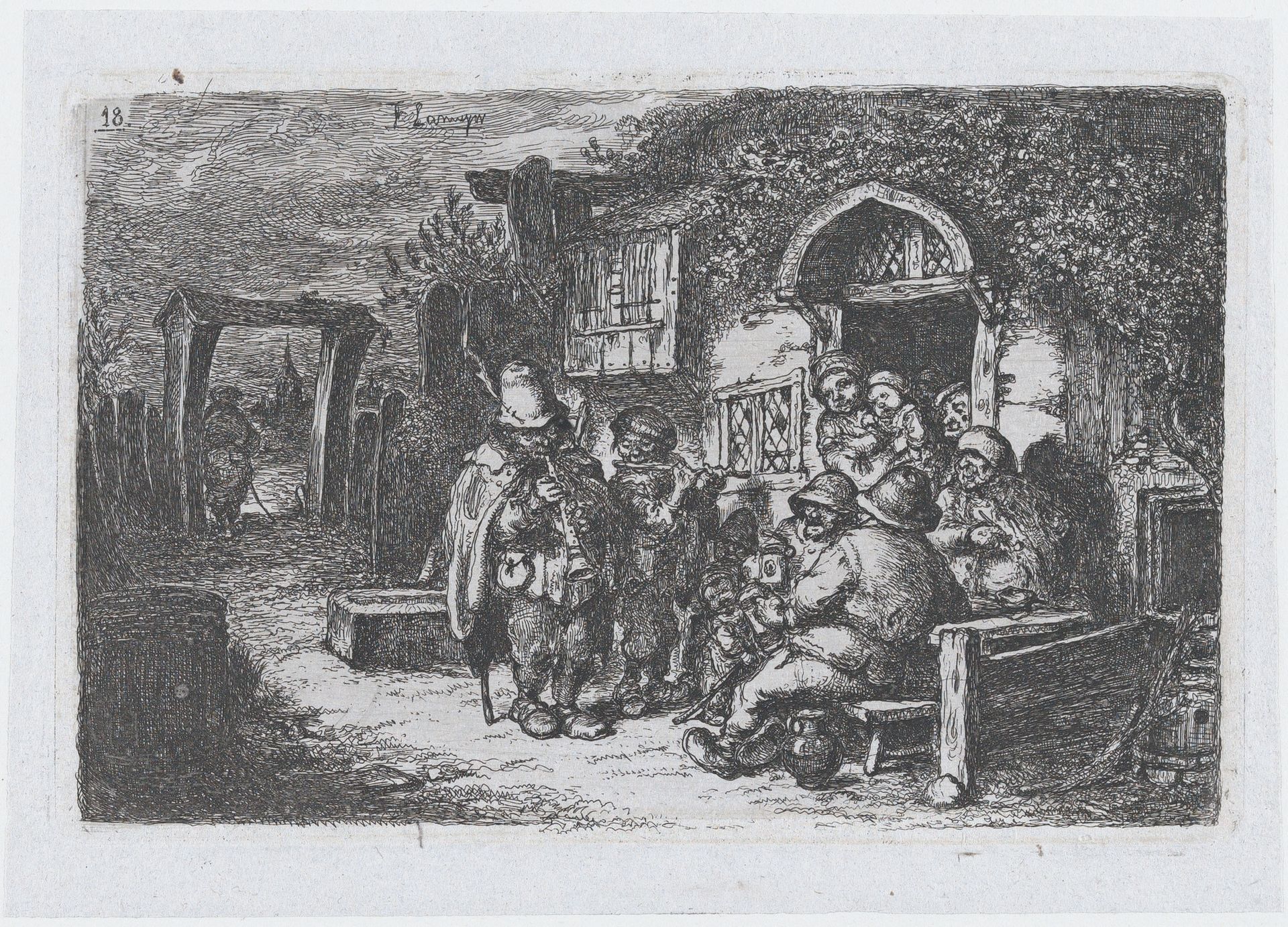 Plate 18: street musicians and other figures outisde a tavern, from the series of customs and pastimes of the Spanish people by Francisco Lameyer y Berenguer