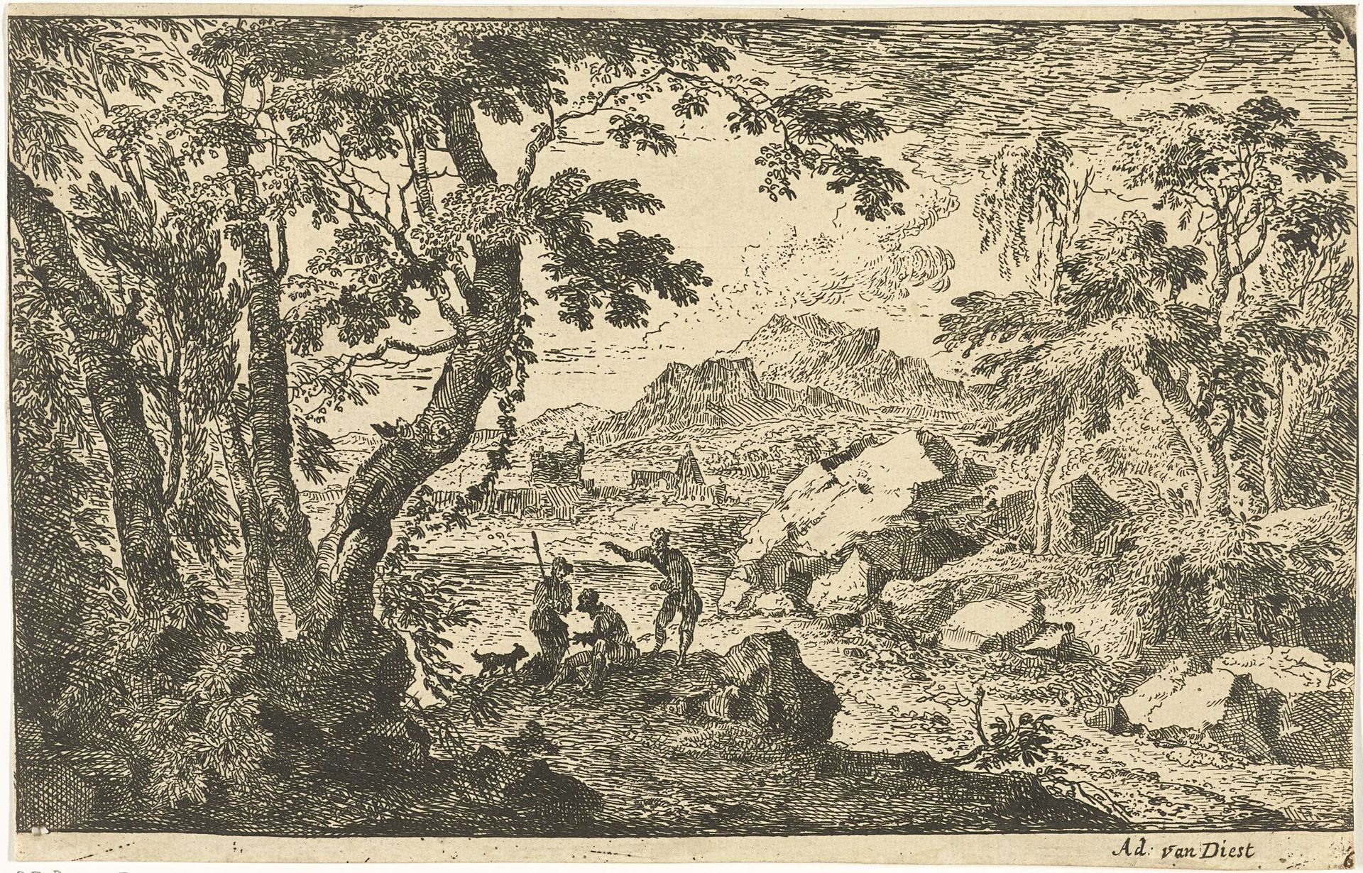 Landschap met drie figuren by Adriaen van Diest