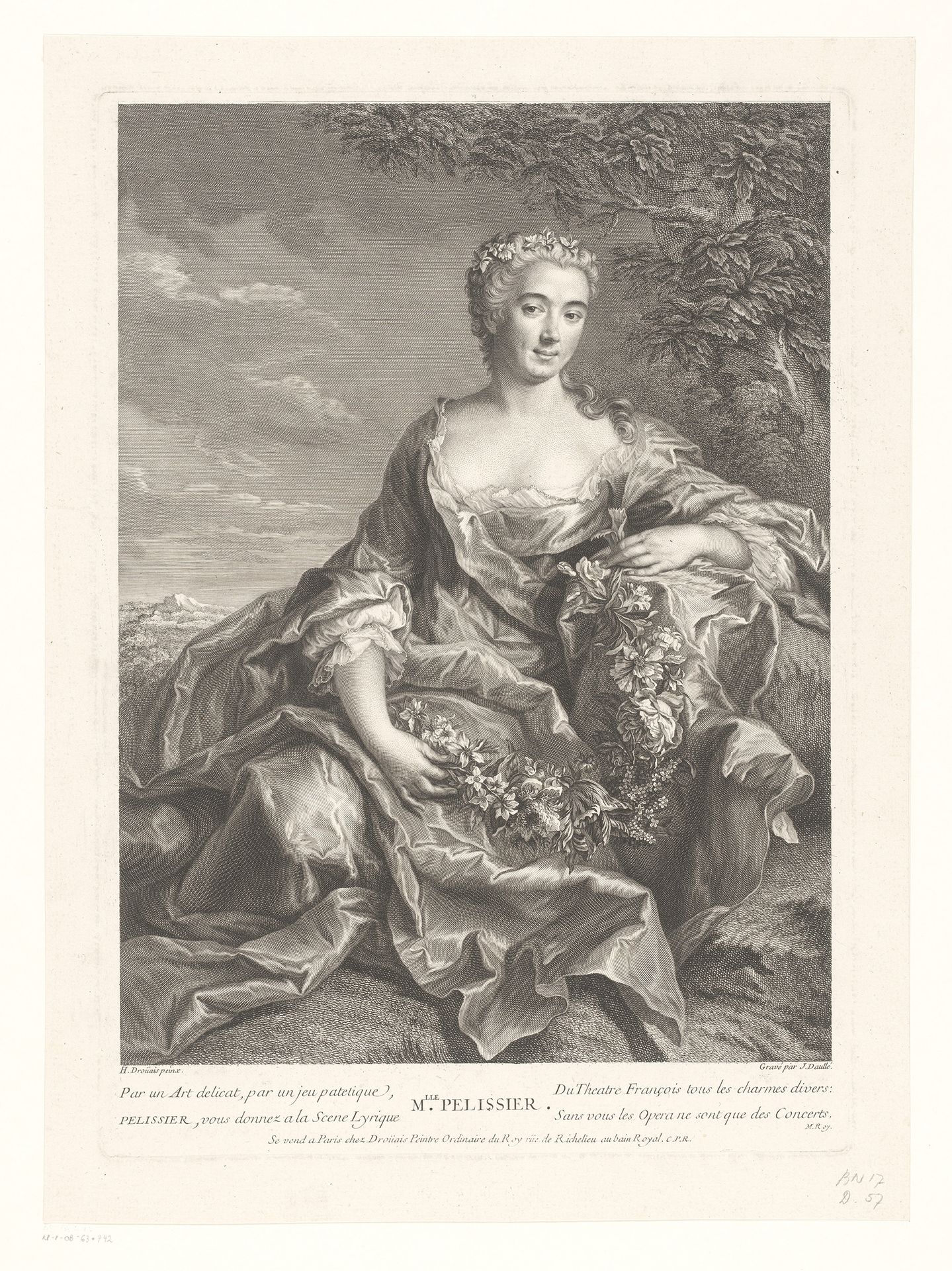 Portret van Marie Pélissier met bloemenkrans by Jean Daullé