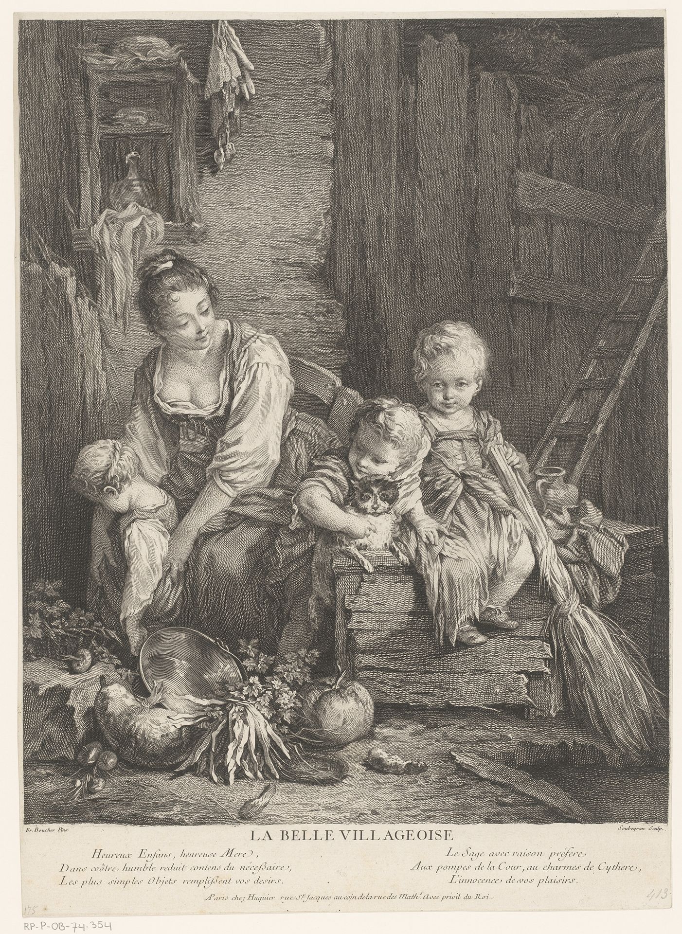 Interieur met moeder met drie jonge kinderen by Pierre Soubeyran