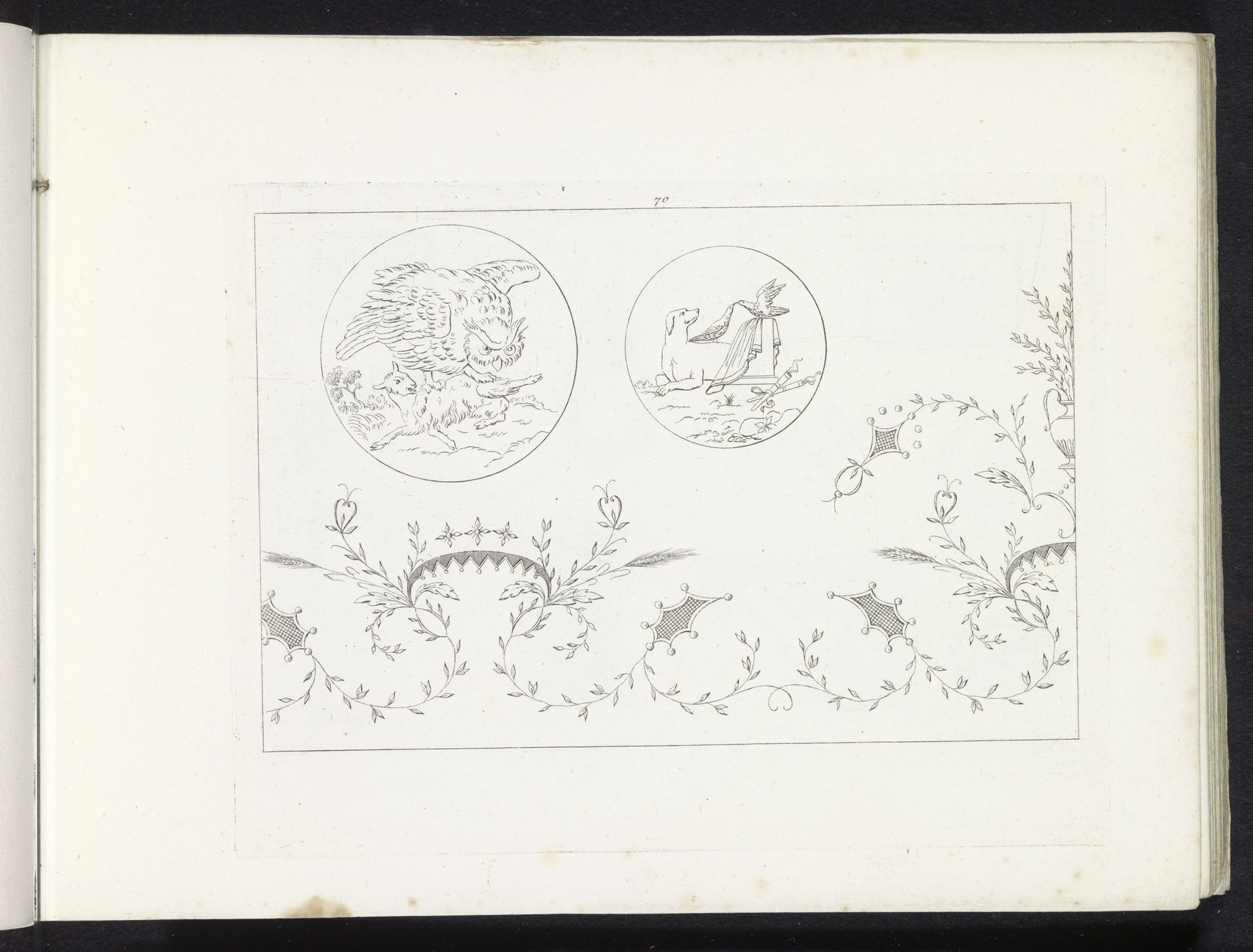 Medaillon met een uil en medaillon met een hond en twee vogels by Pietro Ruga