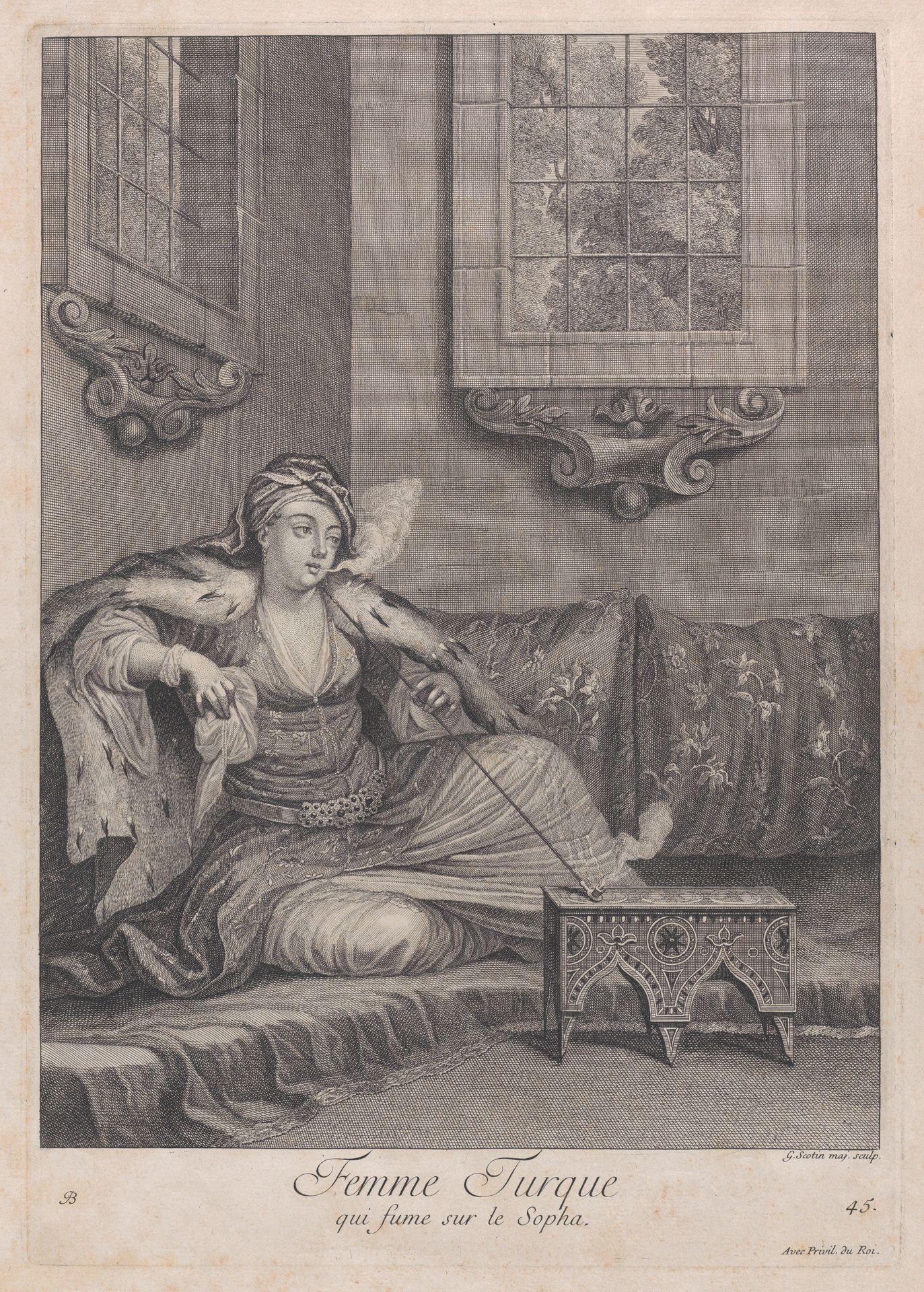 Femme Turque, qui fume sur le Sopha, plate 45 from "Recueil de cent estampes représentent differentes nations du Levant" by Jean Baptiste Vanmour