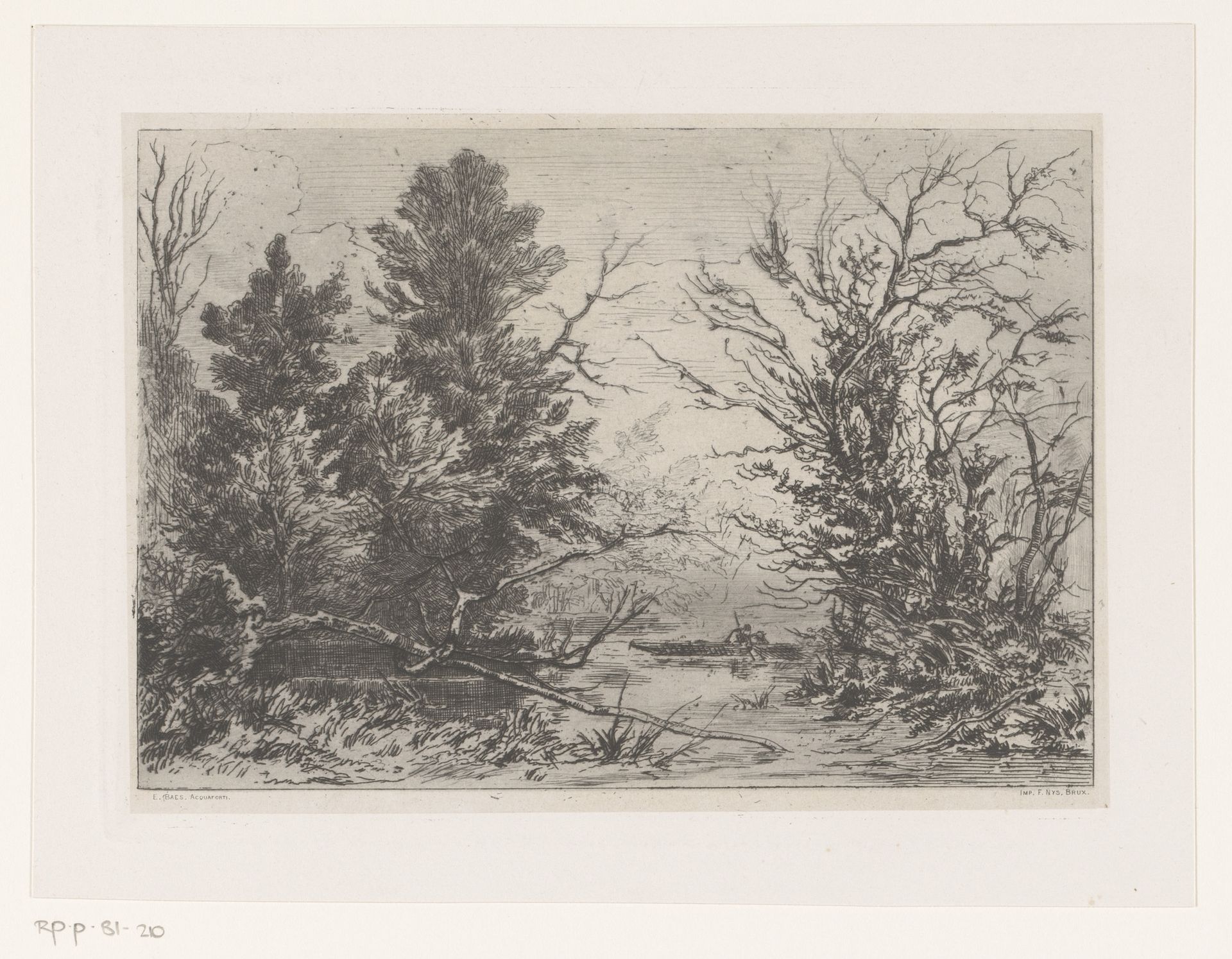 Boslandschap rond een grote vijver met daarop een roeiboot by Edgar Alfred Baes