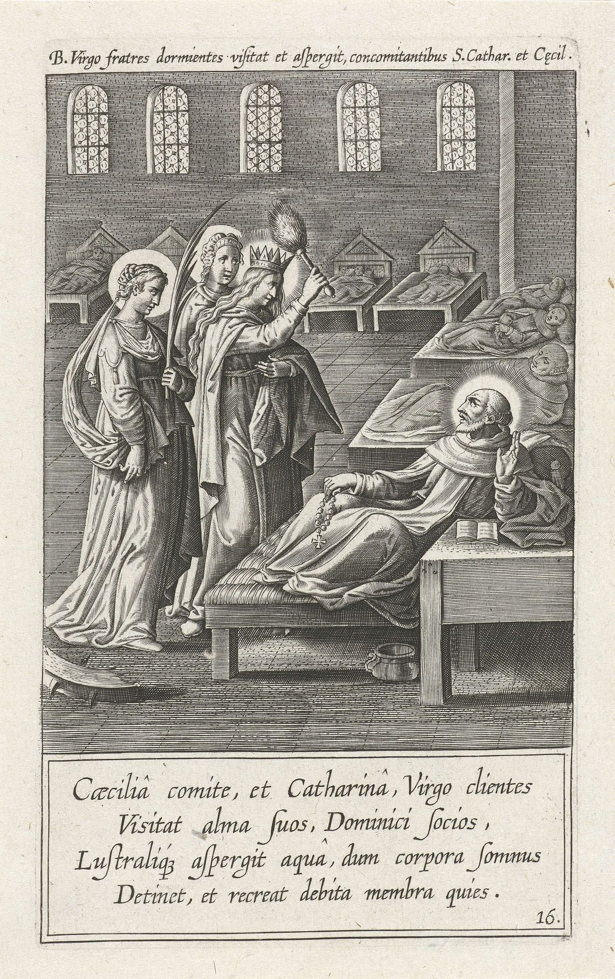 Maria zegent monniken, samen met de heilige Catharina en de heilige Cecilia by Theodoor Galle