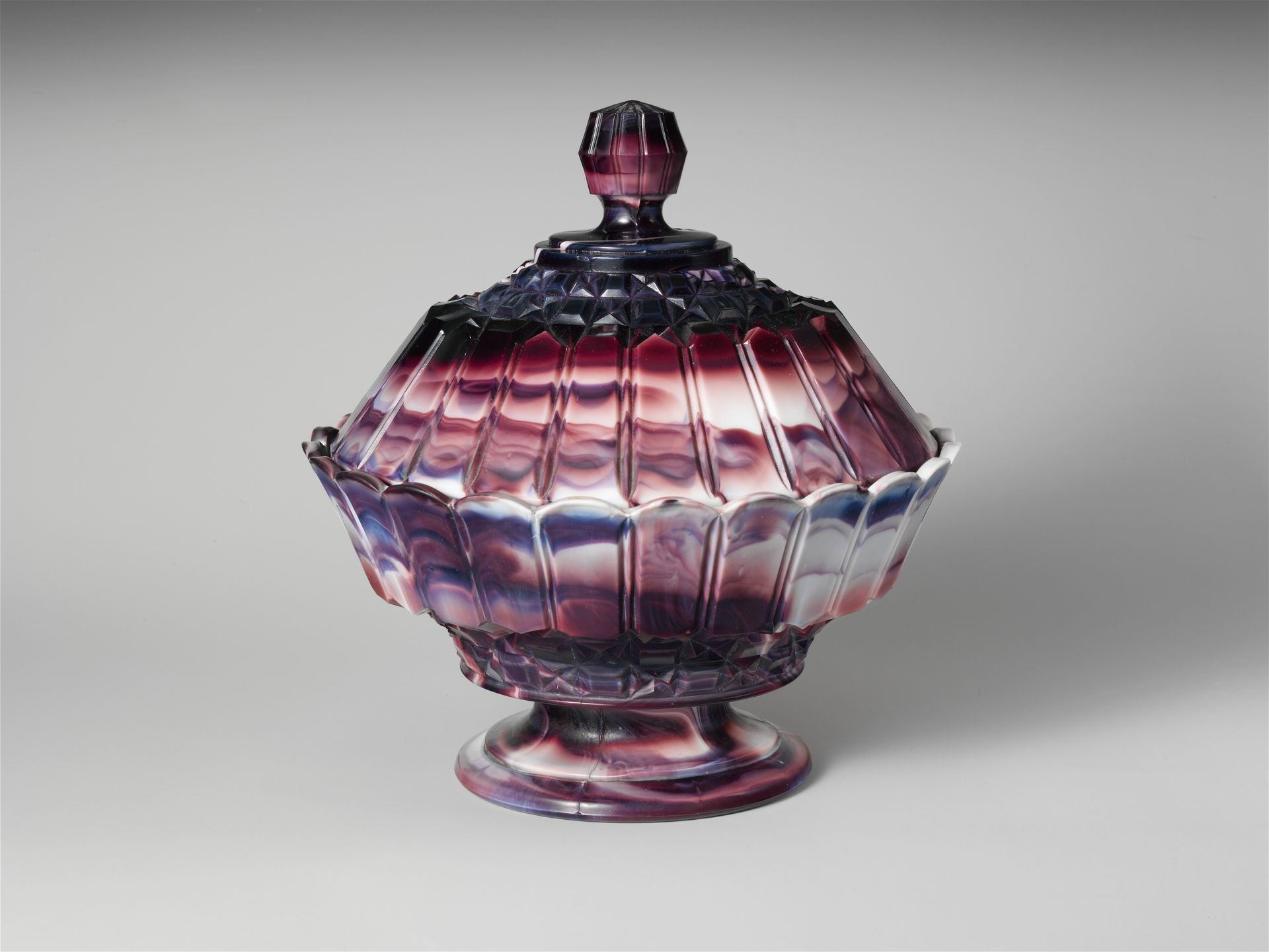 Purple marble glass covered bowl by Challinor, Taylor and Company