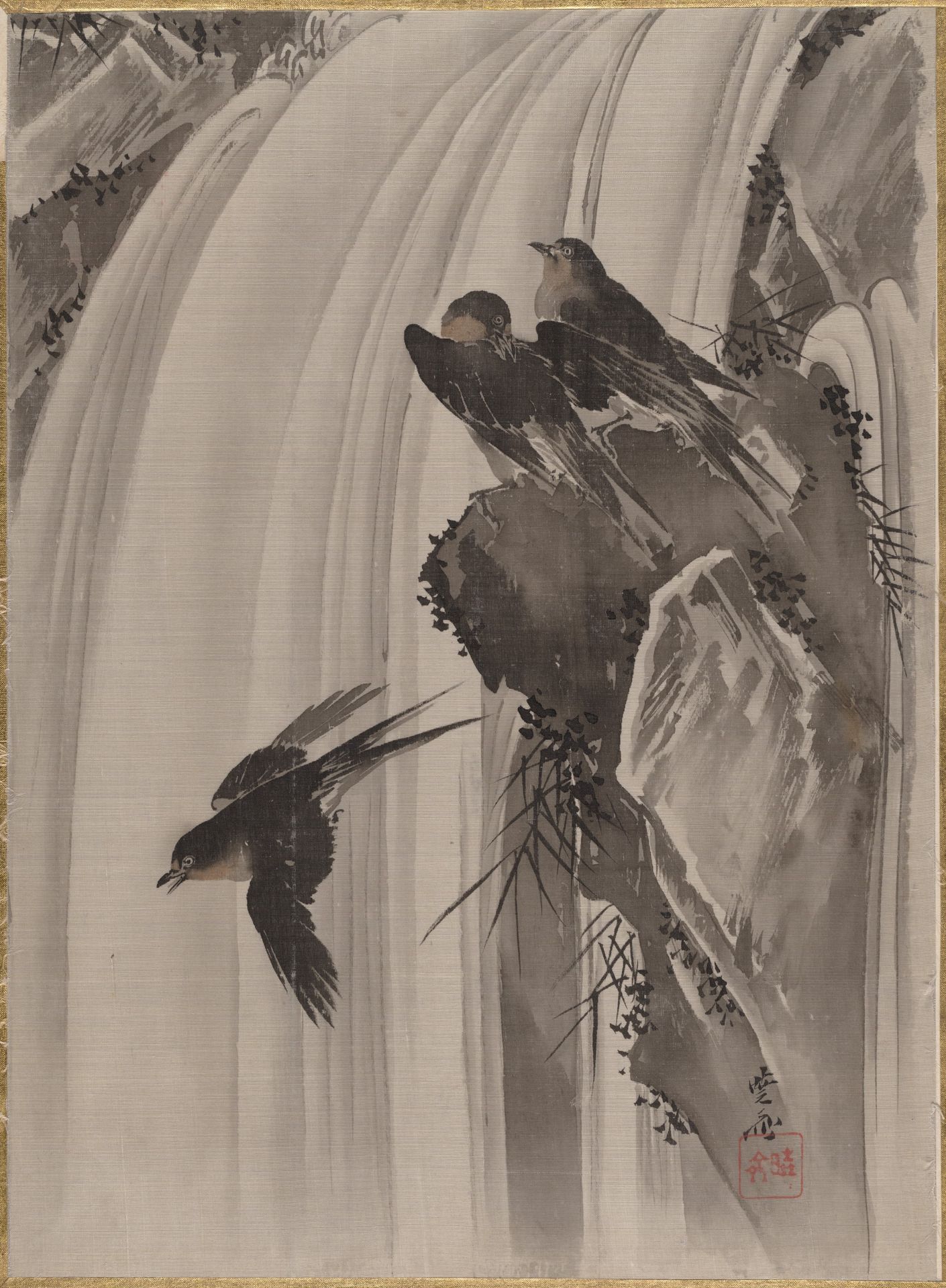 Swallows by a Waterfall by Kawanabe Kyōsai 河鍋暁斎