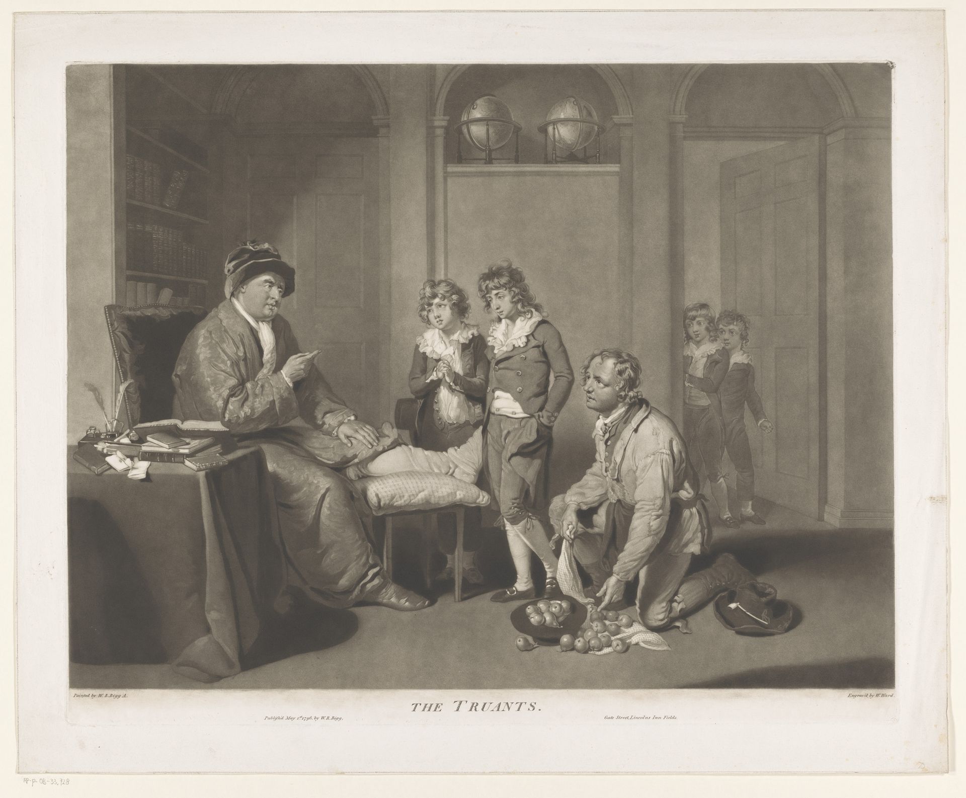 Man berispt kinderen en een geknielde man met peren by William Ward