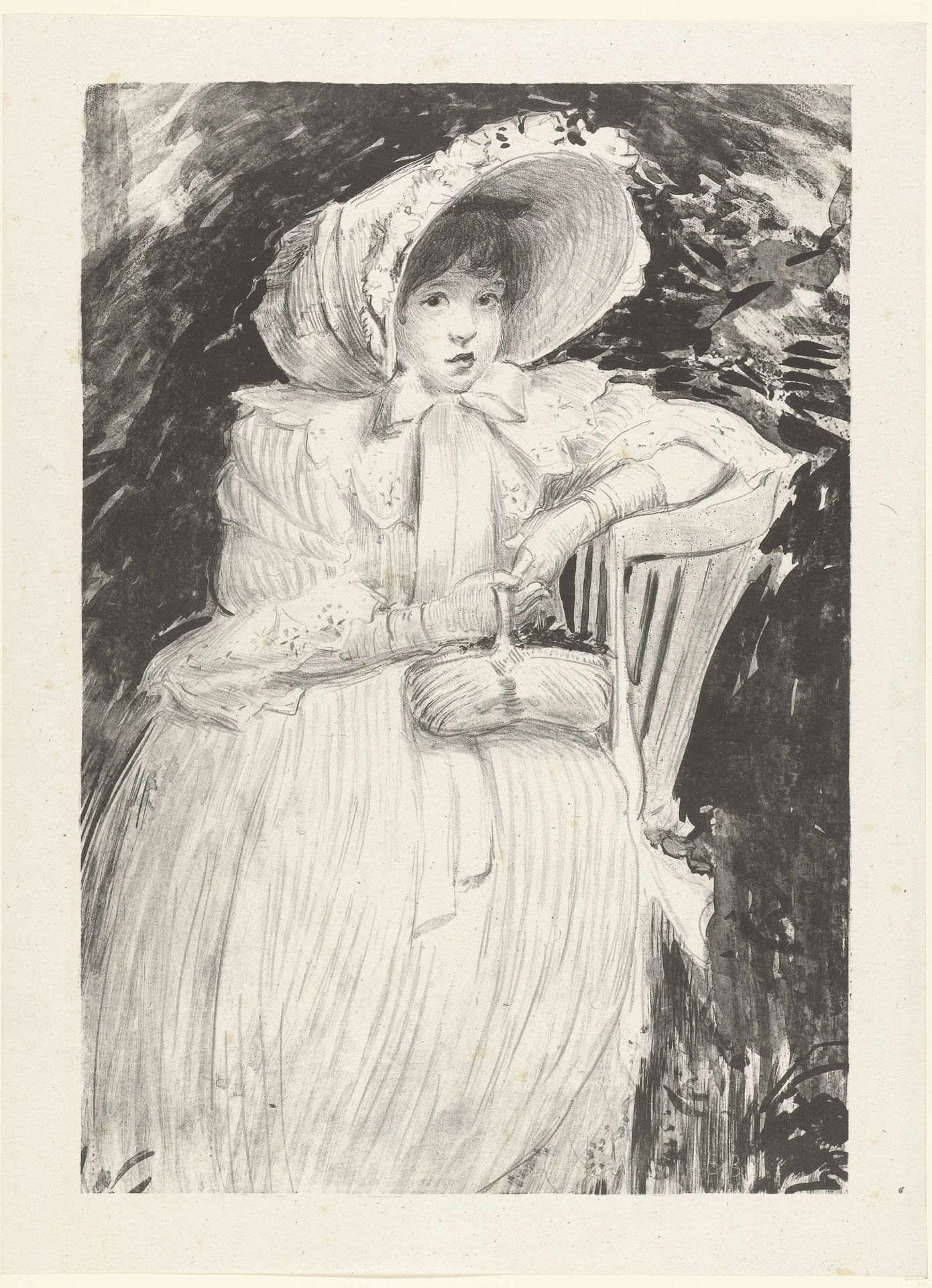 Zittend meisje met hoed op stoel met mand op schoot by Jacques-Émile Blanche