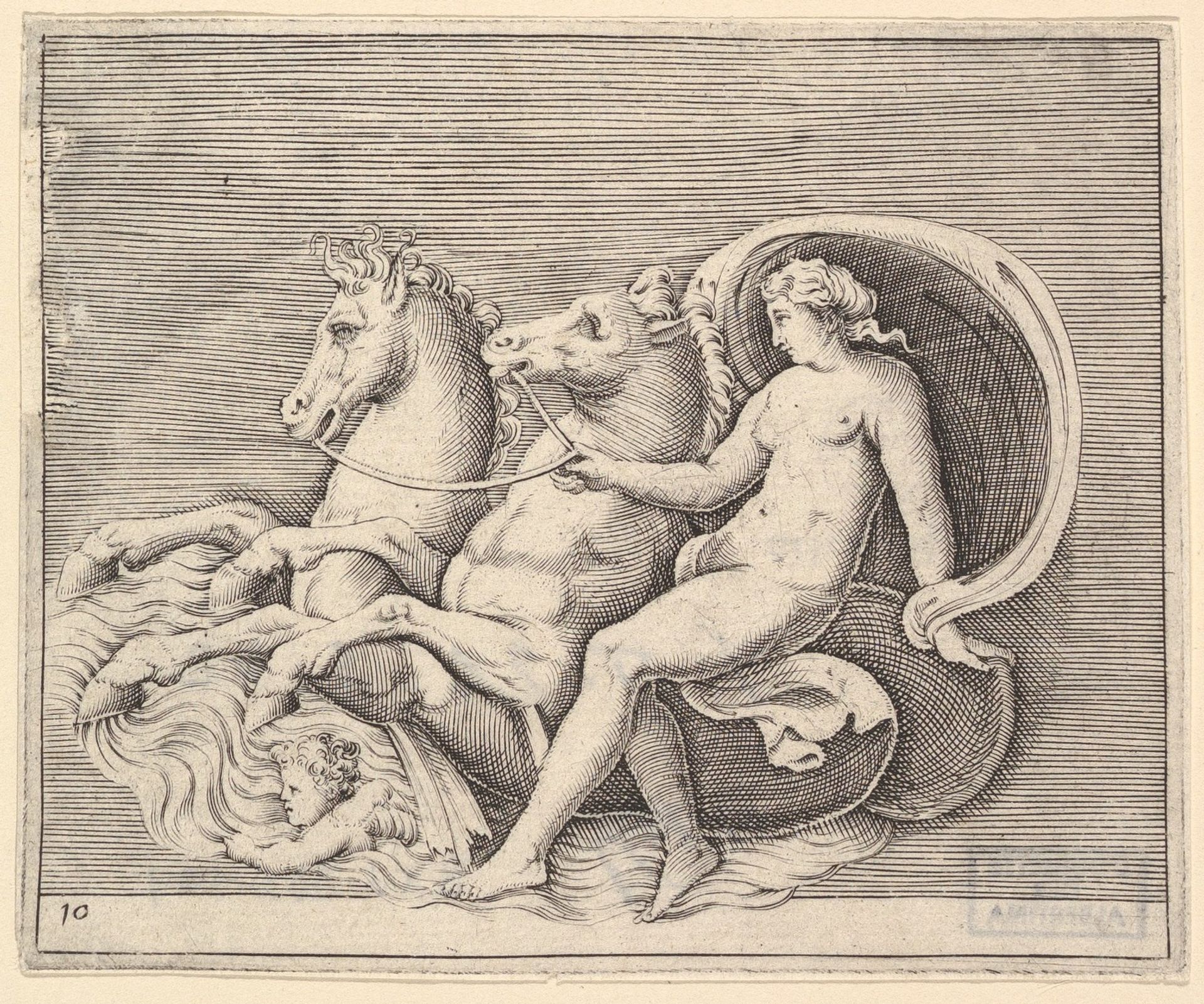 Female Nude with Two Seahorses, from "Ex Antiquis Cameorum et Gemmae Delineata/ Liber Secundus/et ab Enea Vico Parmen Incis" by Anonymous