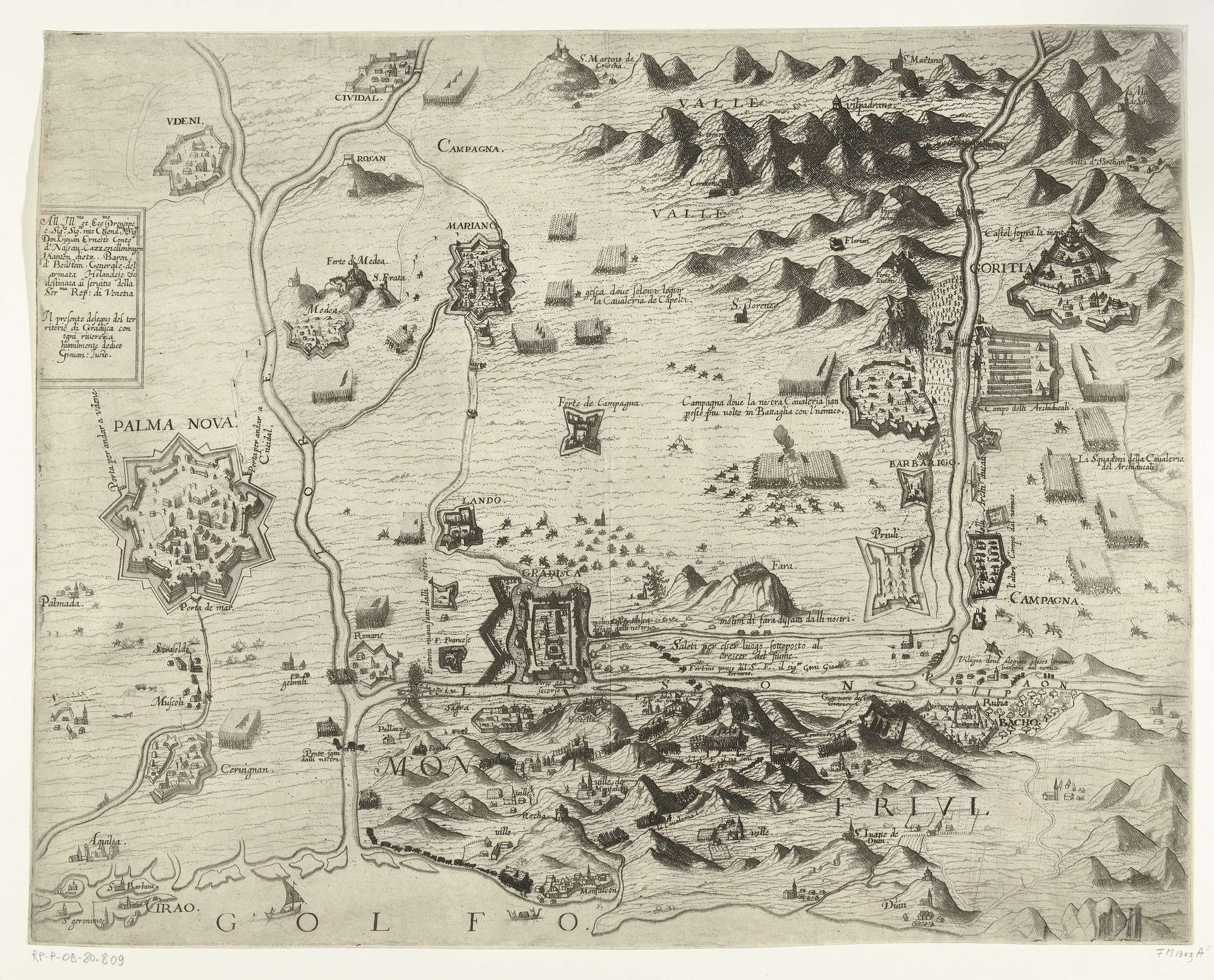 Kaart van het beleg van de vesting Gradisca, 1616 by Giovanni Justo