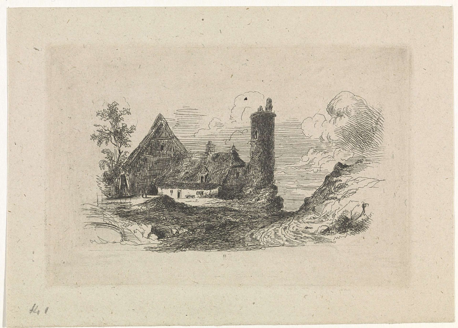 Landschap met boerderij en toren by Jan Baptiste de Jonghe