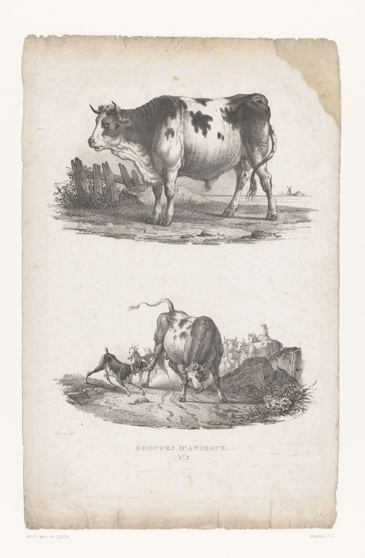 Stier en hond valt stier aan by Joseph Louis Leborne