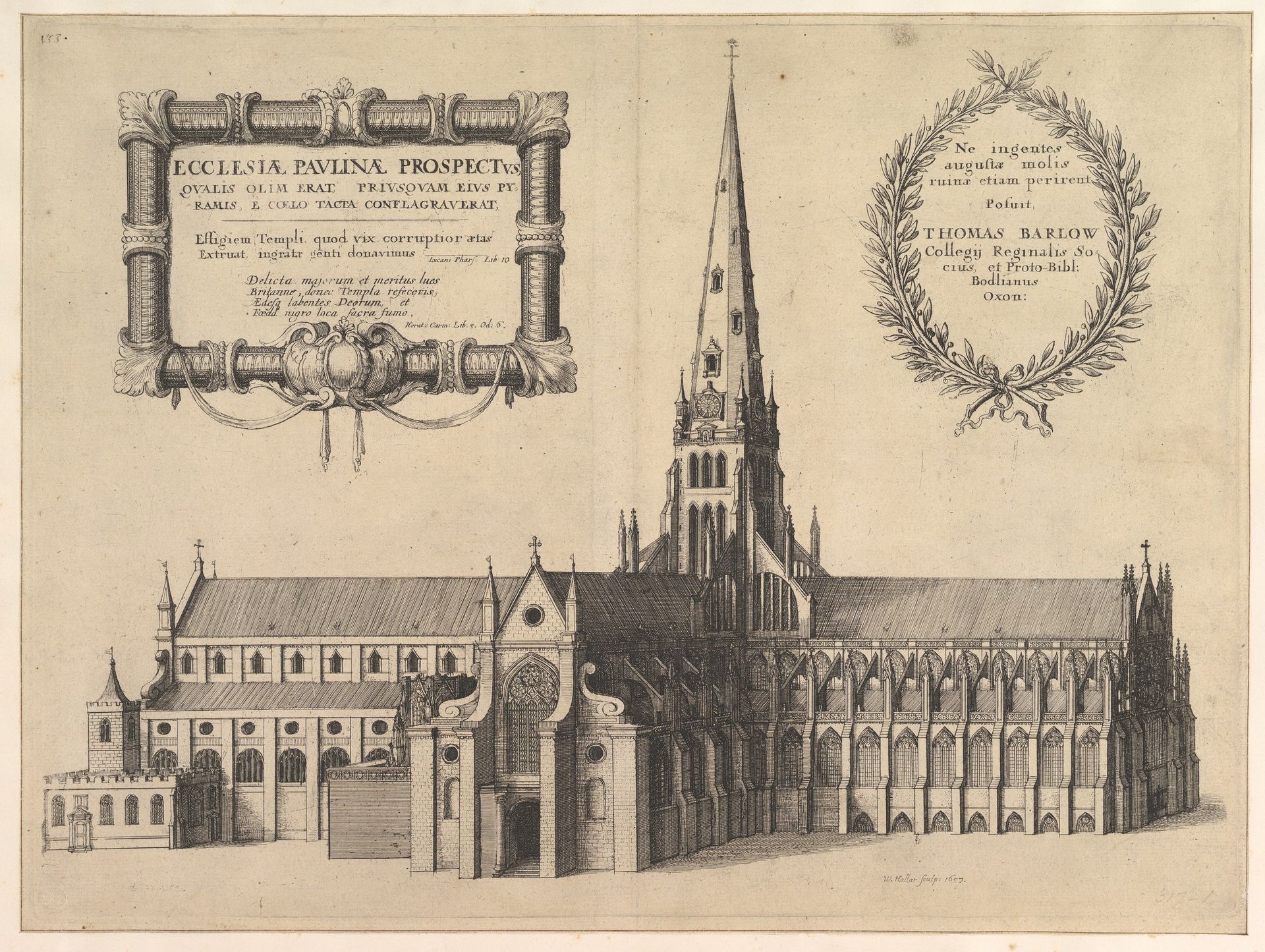 Saint Paul's from the South Showing the Spire (Ecclesiae Paulinae Prospectus...) (from William Dugdale, "The History of St. Paul's Catherdral in London," 1658) by Wenceslaus Hollar