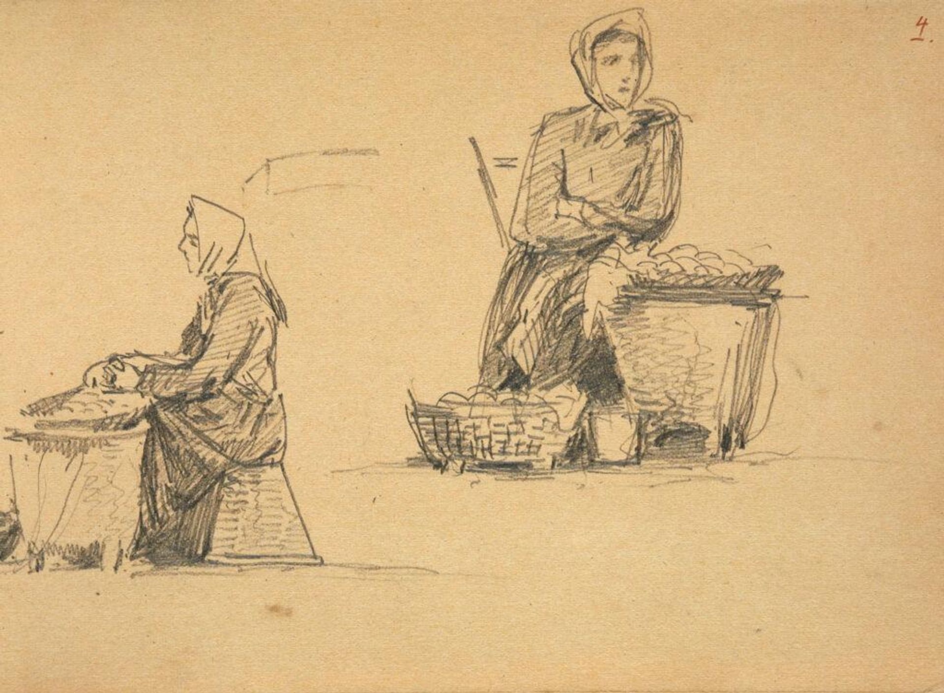 Woman at Market; verso: Figure Sketches; Diagram by John Singer Sargent