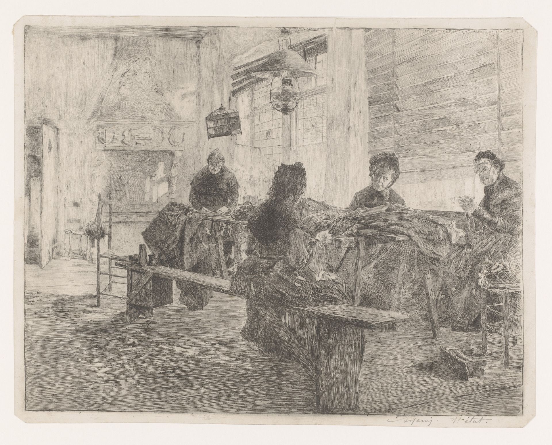 Vier vrouwen in een naaiatelier aan het werk by Armand Heins
