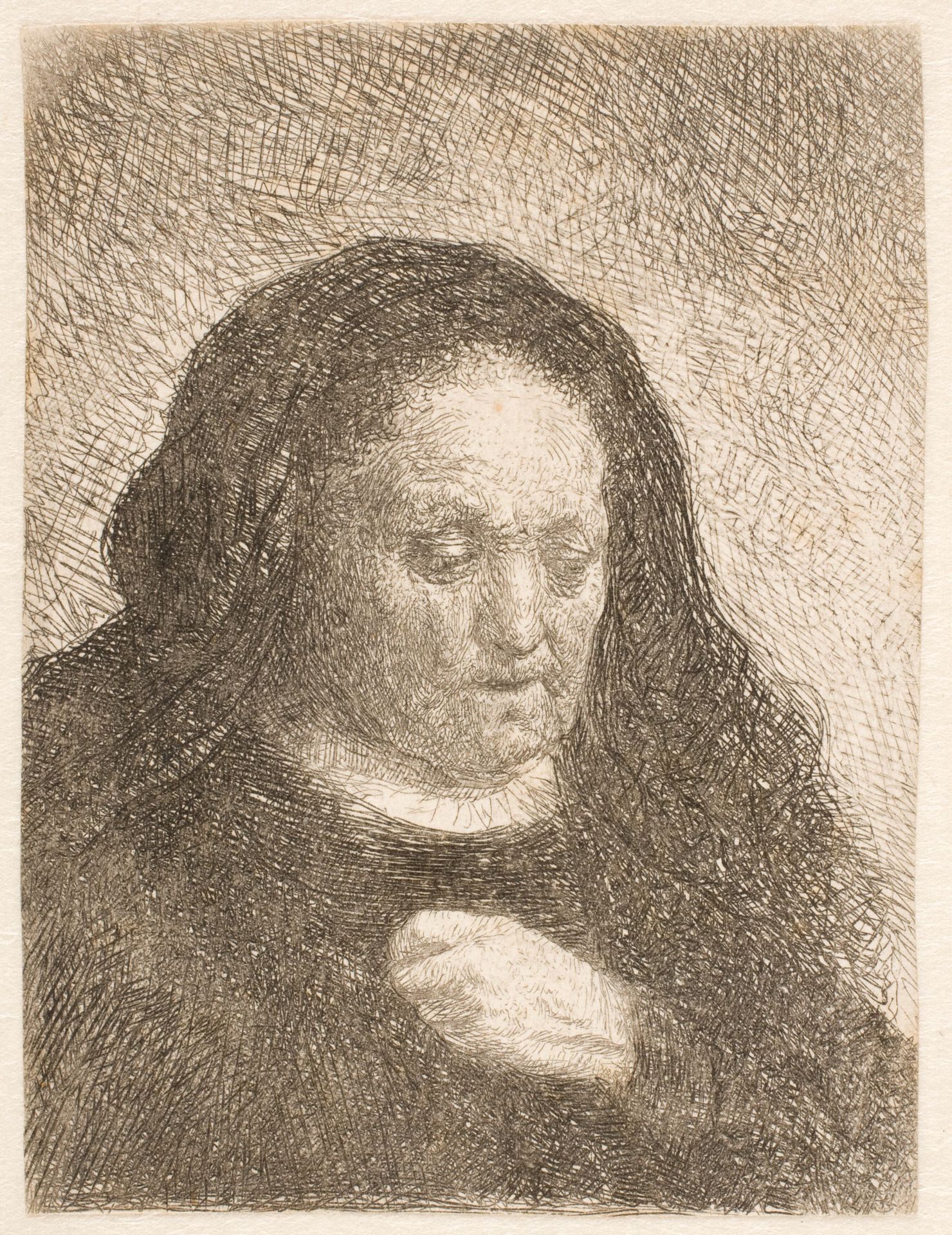 Rembrandt's mother with hand on chest: small bust by Rembrandt van Rijn