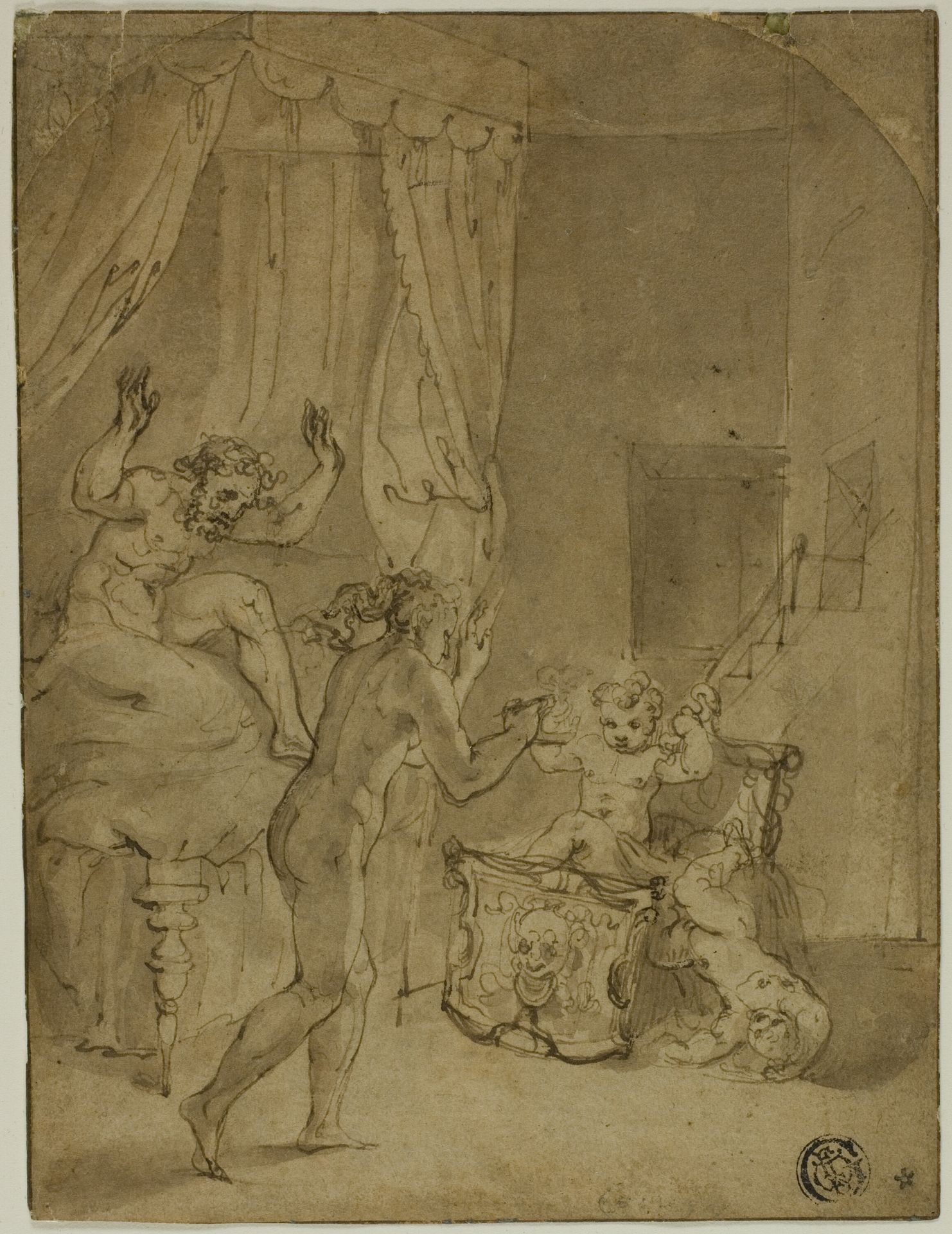 The Infant Hercules Strangling Serpents in His Cradle (recto); Crowned Woman Kneeling in Landscape, and Other Sketches (verso) by Prospero Fontana