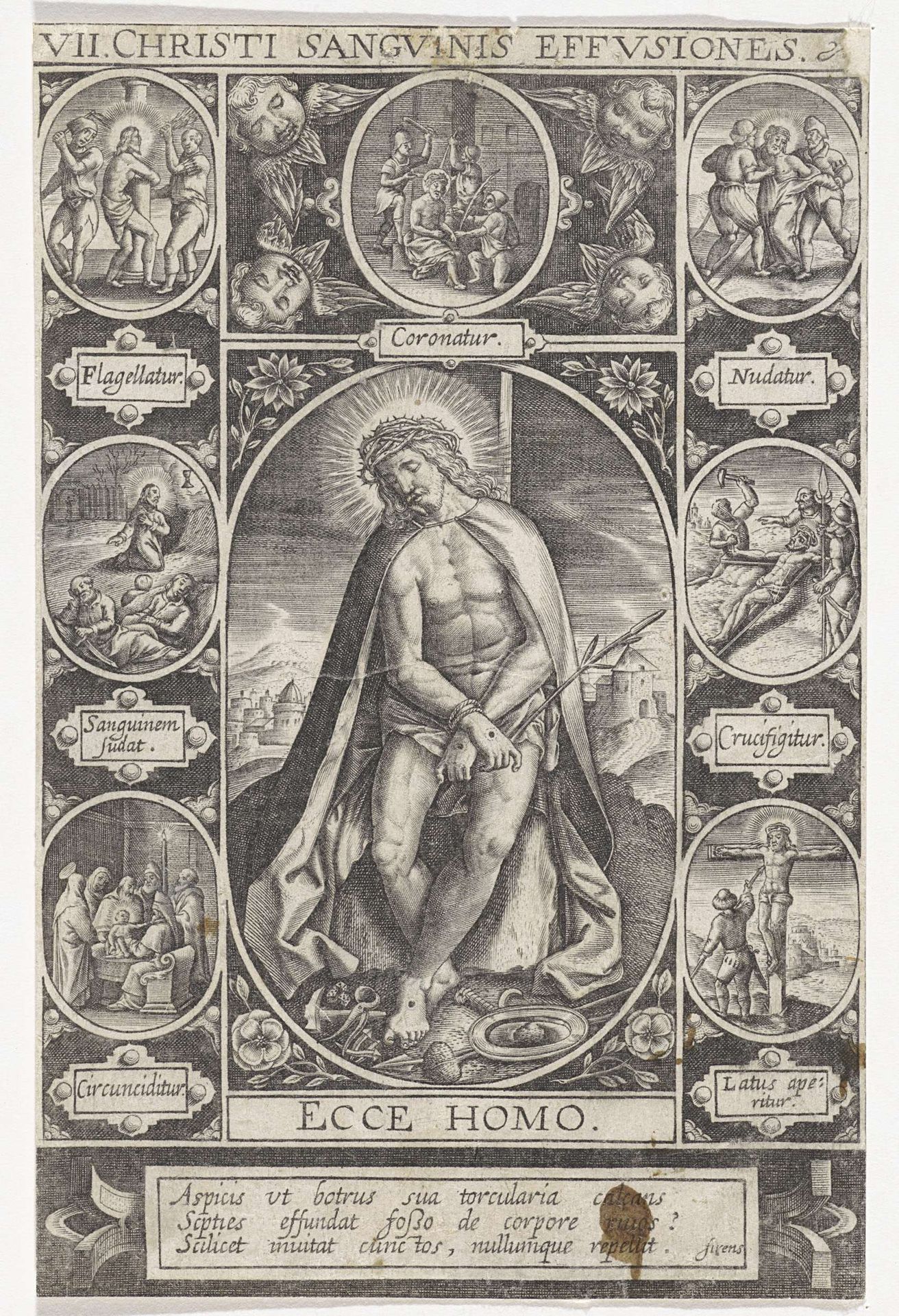 Christus als Man van Smarten, te midden van scènes uit de passie by Wierix