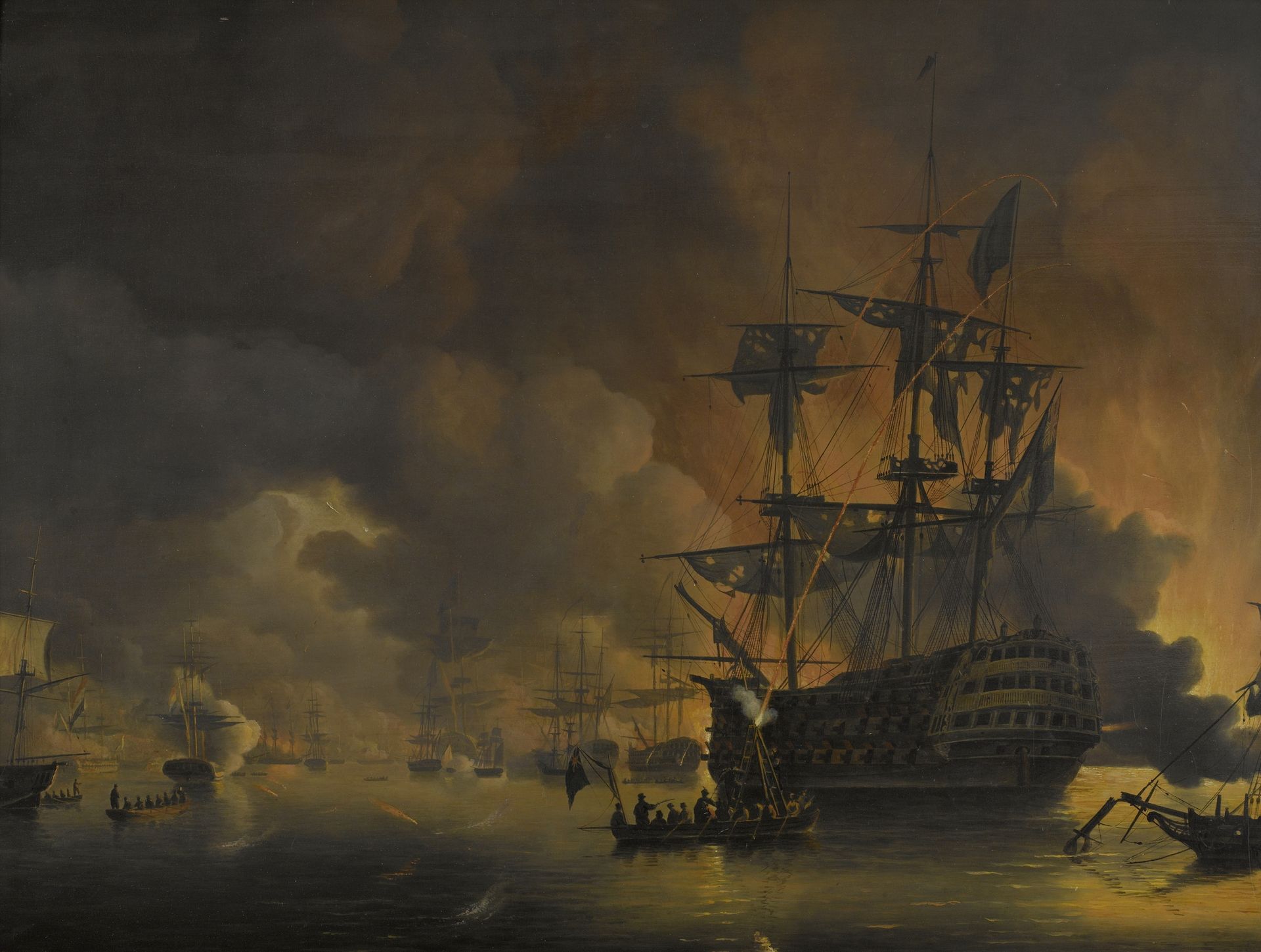['The fire on the Wharves of Algiers, shortly after the commencement of the Bombardment by the Anglo-Dutch Fleet, 27 August 1816', 'Four Episodes during the Presence of the Anglo-Dutch Fleet in the Bay of Algiers, 26 to 27 August 1816'] by Nicolaas Baur