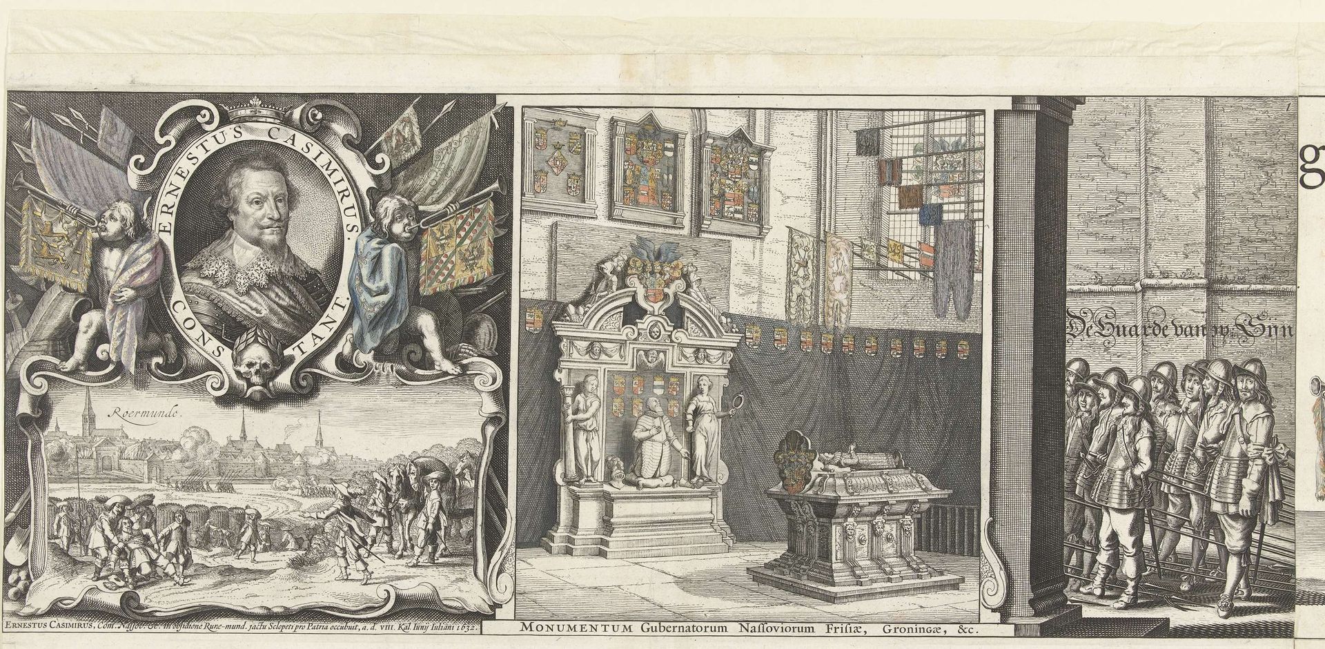Portret van Ernst Casimir, zijn sneuvelen bij Roermond en het interieur van de Grote Kerk te Leeuwarden (plaat 1), 1633 by J. Hermans