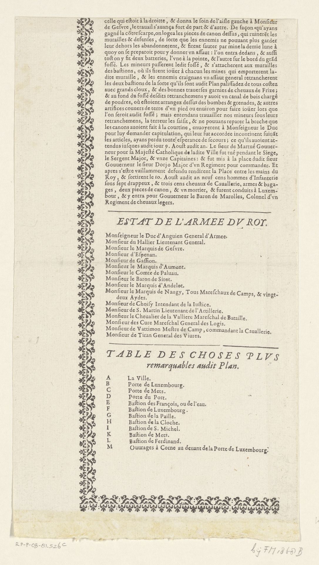Tekstblad bij de kaart van het beleg van Thionville, 1643 by François Collignon