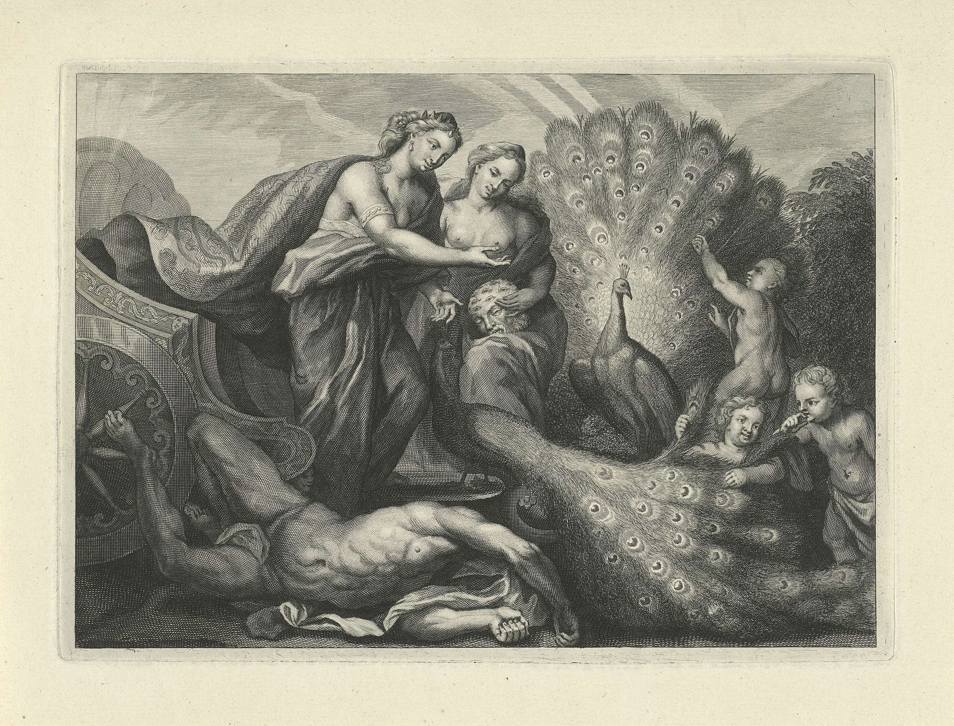 Juno zet de ogen van Argus in de staart van haar pauw by Philip van Gunst
