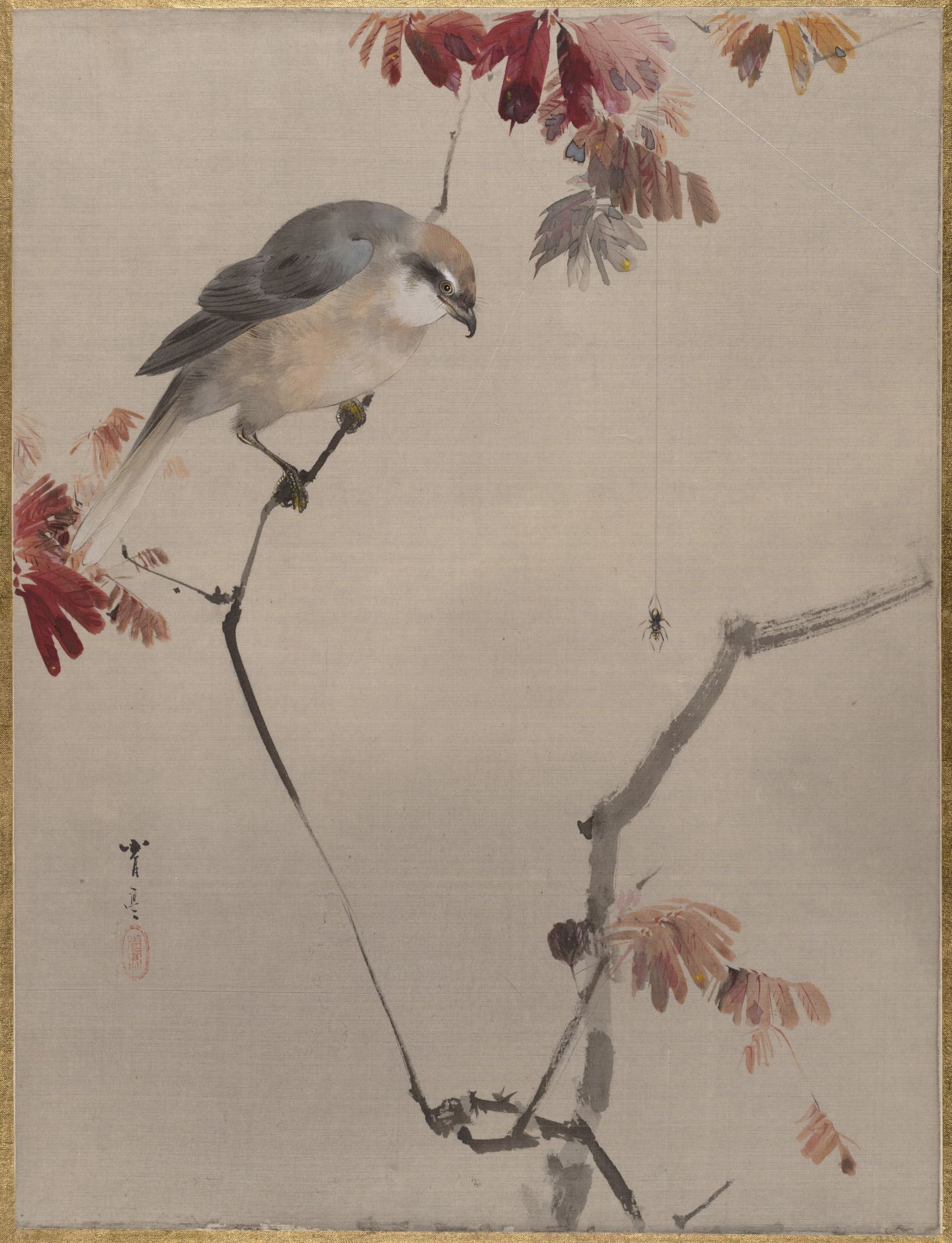 Bird on Branch Watching Spider by Watanabe Seitei 渡辺省亭