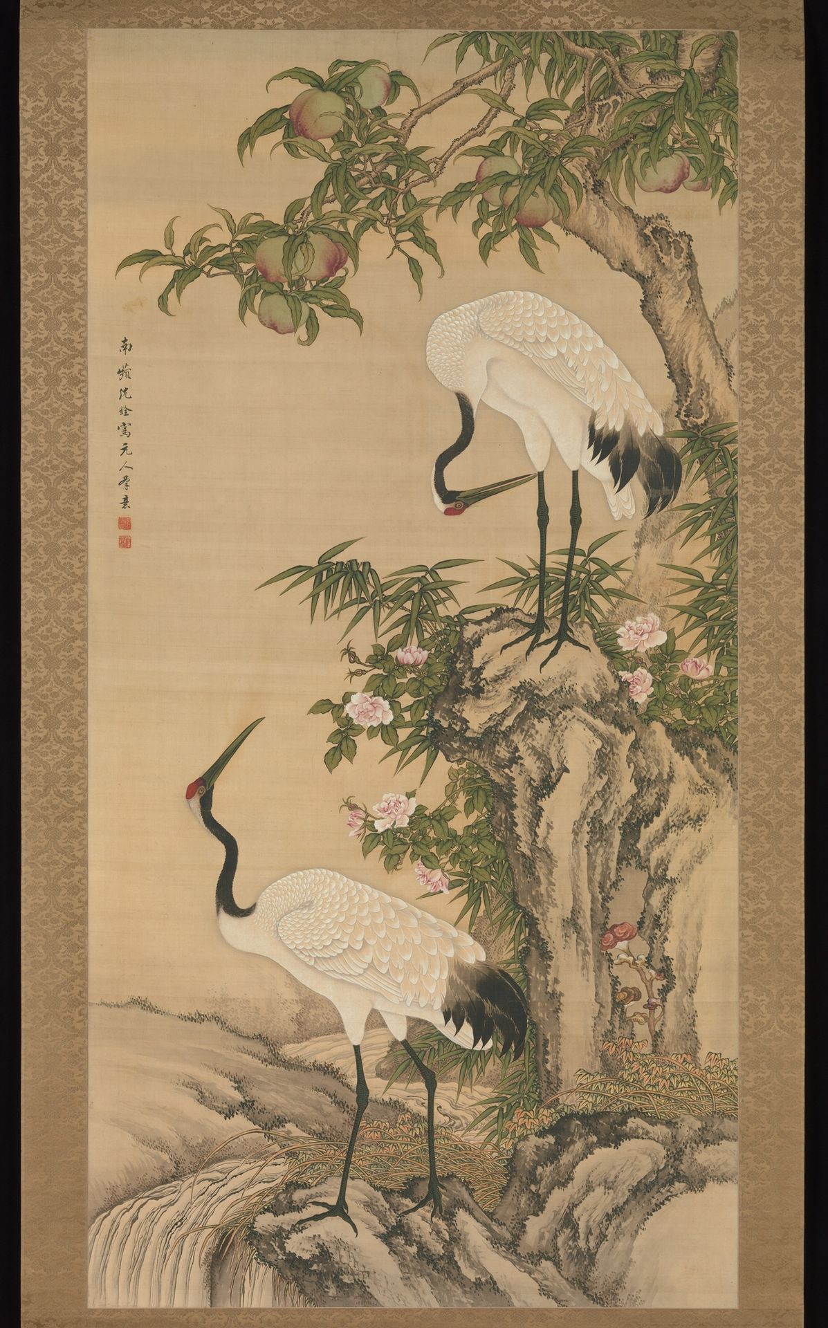 Cranes, peach tree, and China rose by Shen Quan