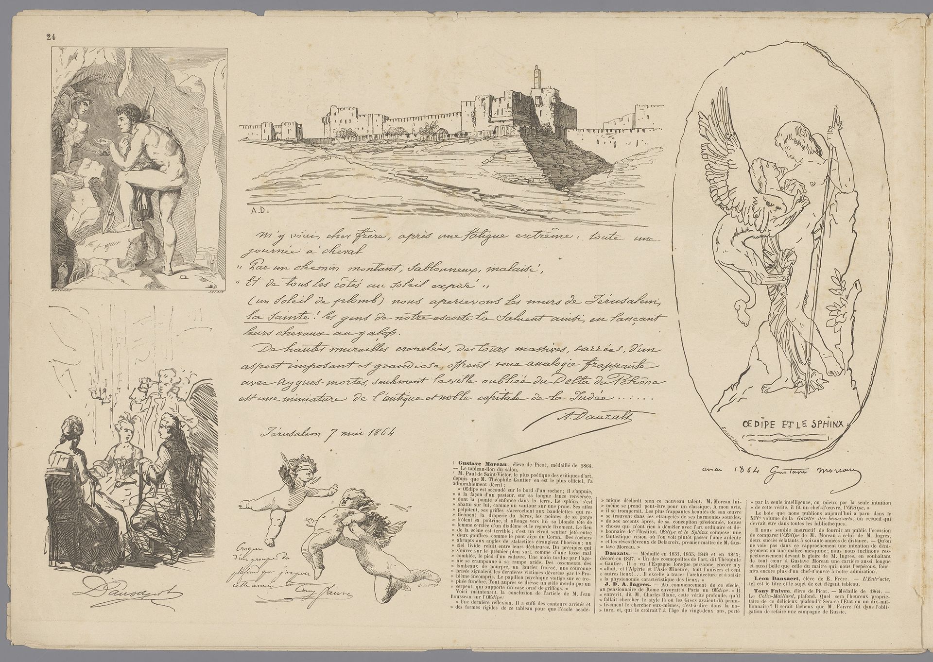 Oedipus en de sfinx, gezicht op een stadsmuur, gezelschap in een interieur en drie putti by Firmin Gillot