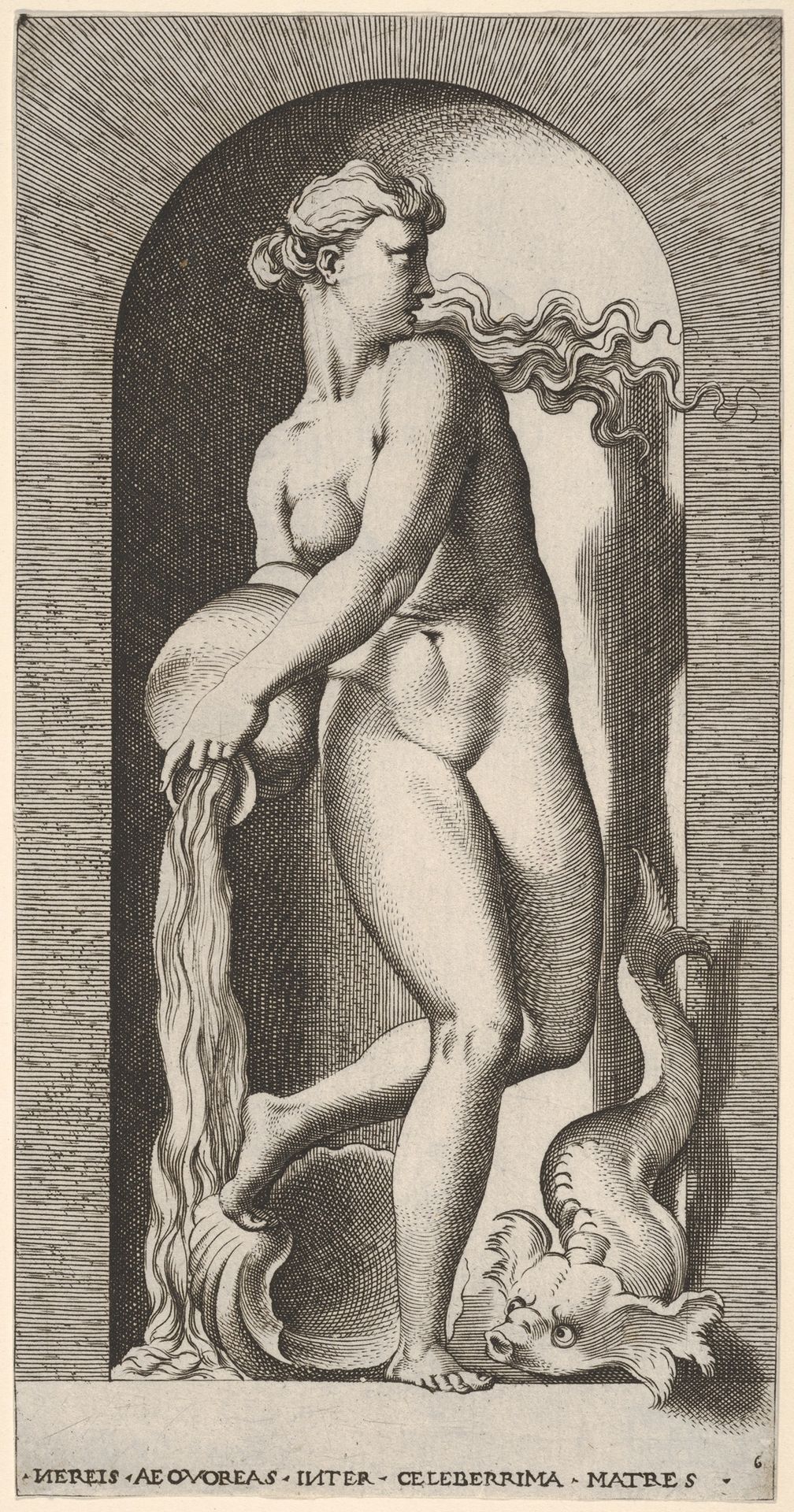 Plate 6: Thetis standing in a niche with a shell and sea creature, pouring water out of a vase, looking to her left, from "Mythological Gods and Goddesses" by Giovanni Jacopo Caraglio