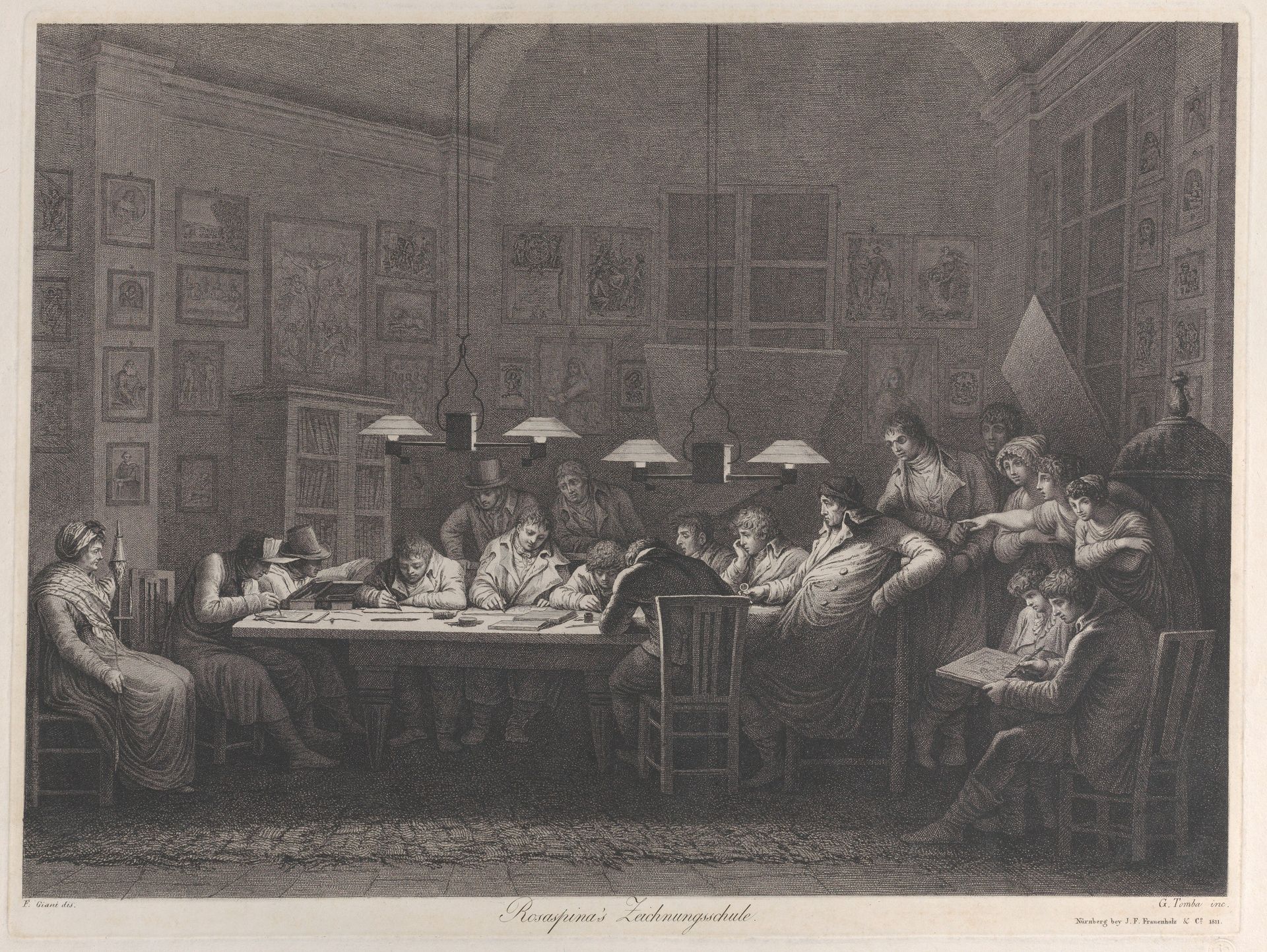 Rosaspina's drawing academy: class of students sketching seated around a table with Rosaspina at the end of the table with women and other spectators by Giulio Tomba