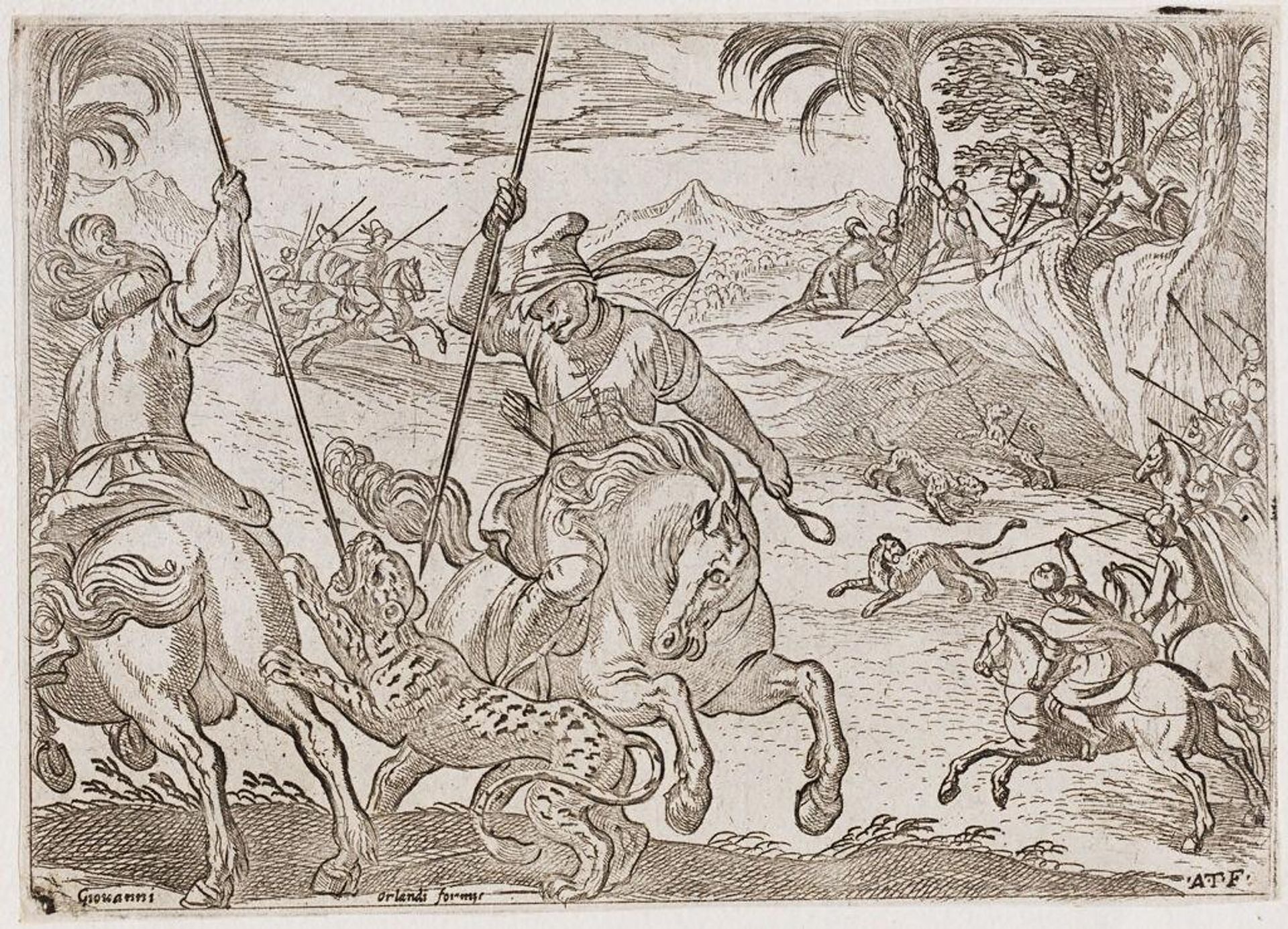 Two Men on Horseback Killing a Leopard by Antonio Tempesta