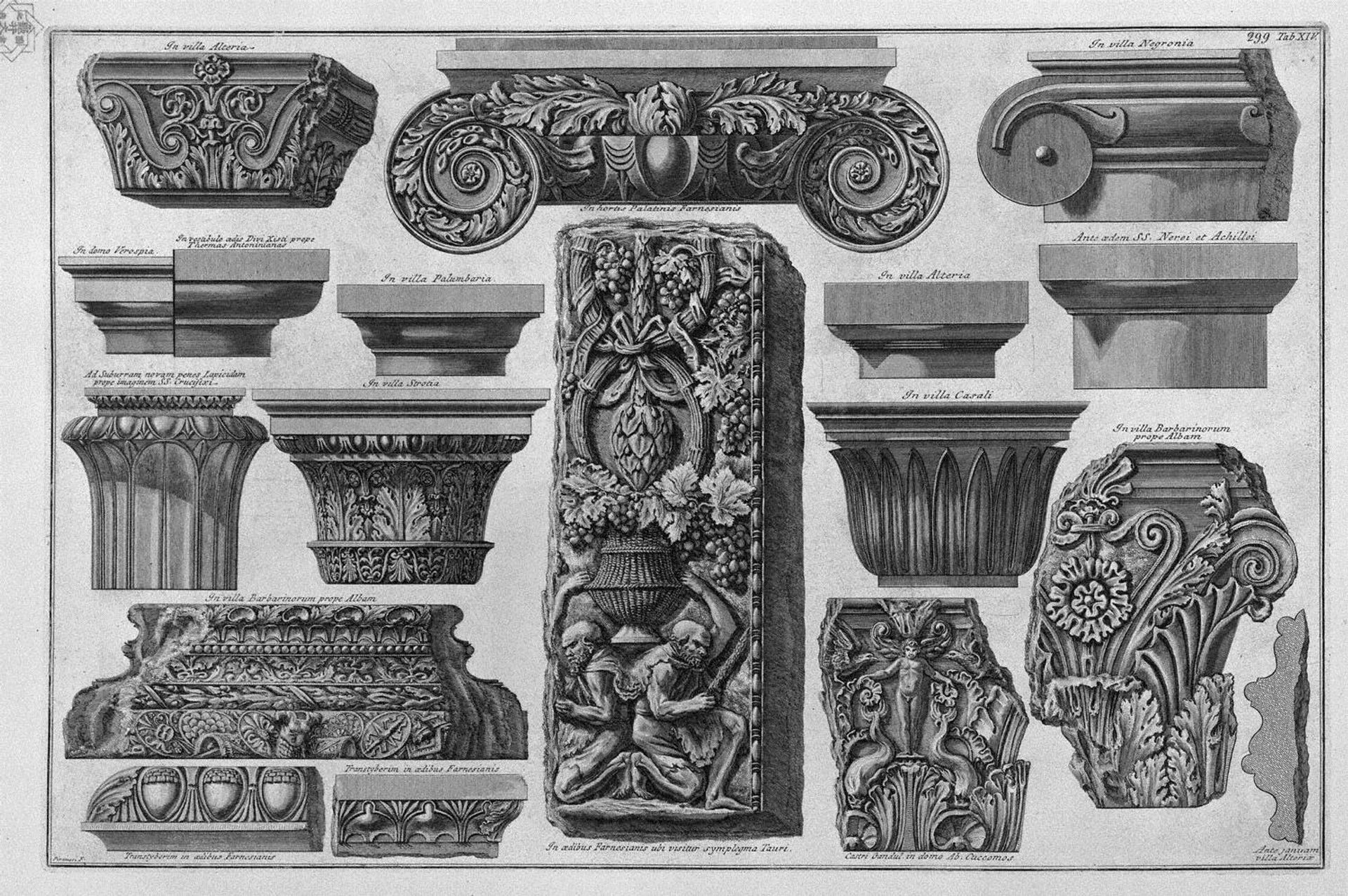 Several capitals and a bas-relief (Farnese Gardens, Villa Barberini, etc.) by Giovanni Battista Piranesi