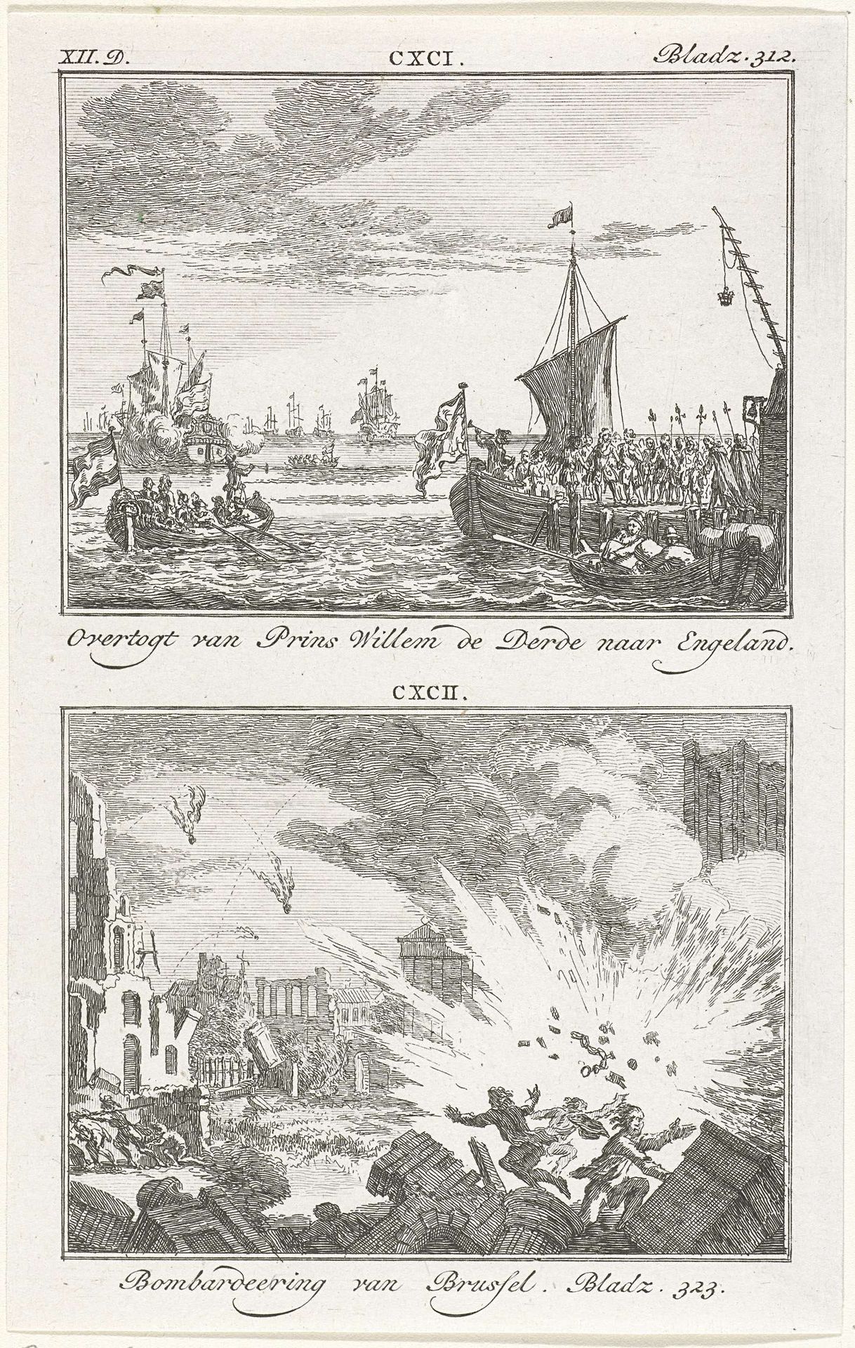 Overtocht van Willem III naar Engeland, 1688, en bombardement van Brussel door de Fransen, 1695 by Simon Fokke