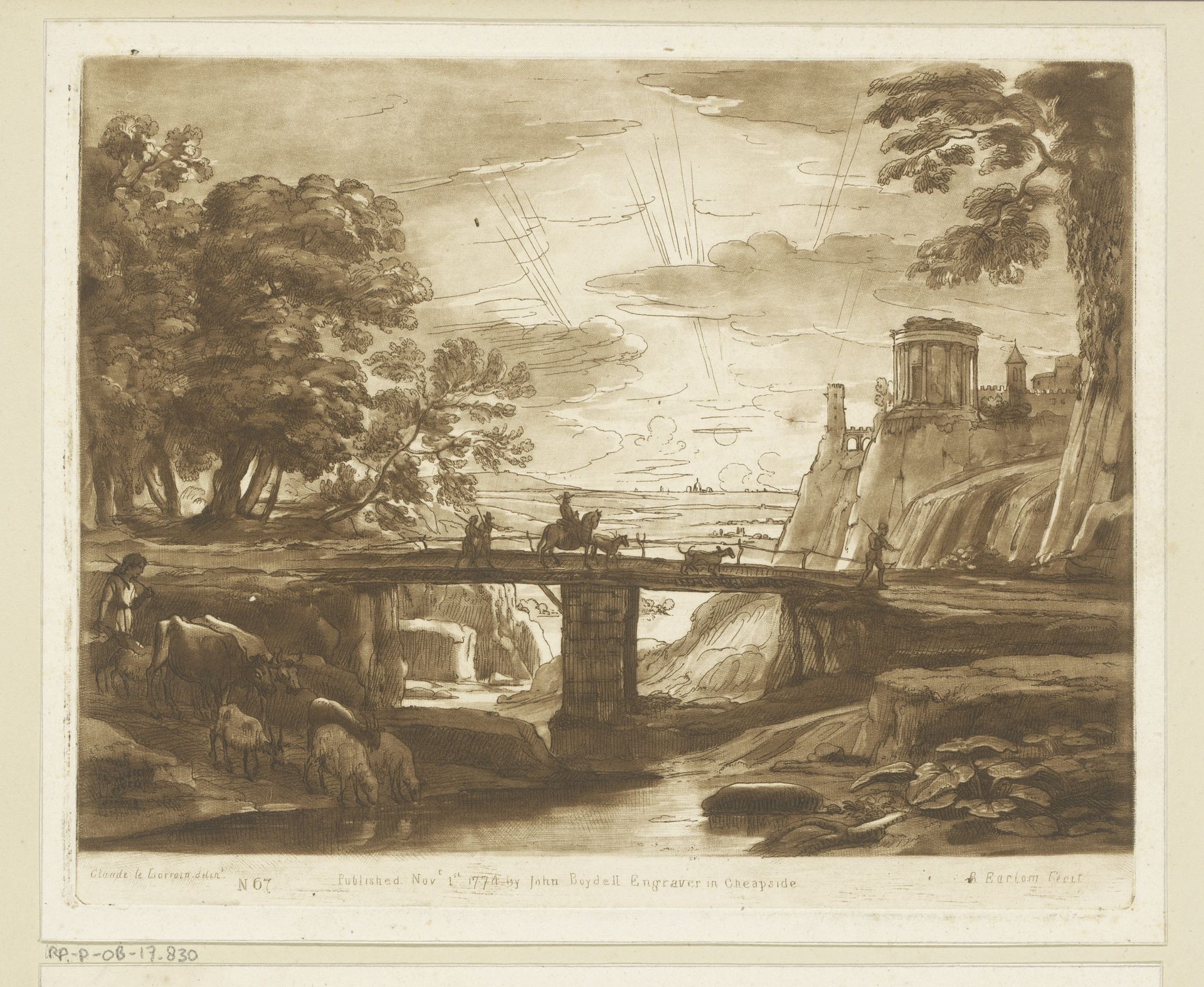 Landschap met reizigers die een brug oversteken bij zonsondergang by Richard Earlom