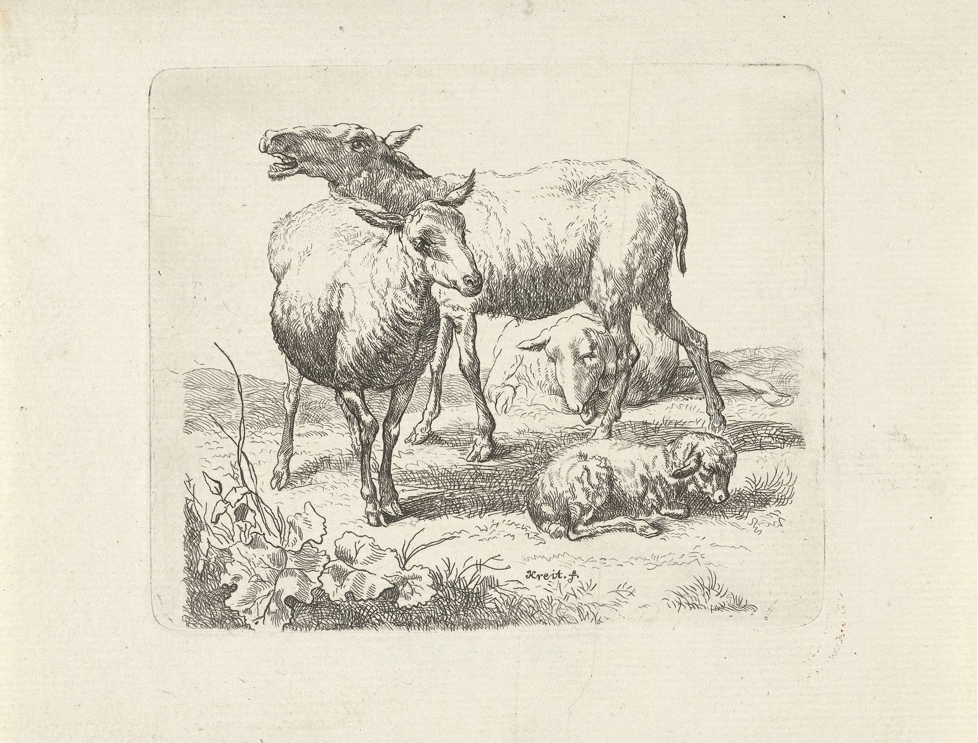 Drie schapen en een lammetje in een weide by Ernst Ludwig Creite