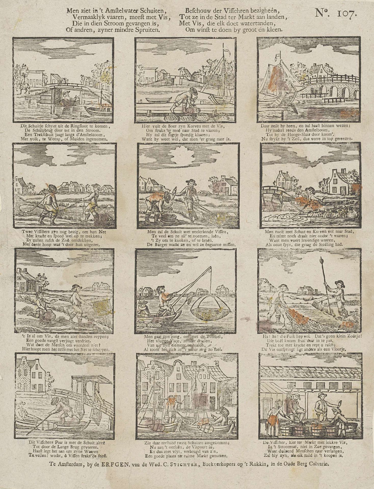 Men ziet in 't Amstelwater schuiten, / Vermaaklyk vaaren, meest met vis [(...)] by erven weduwe Cornelis Stichter