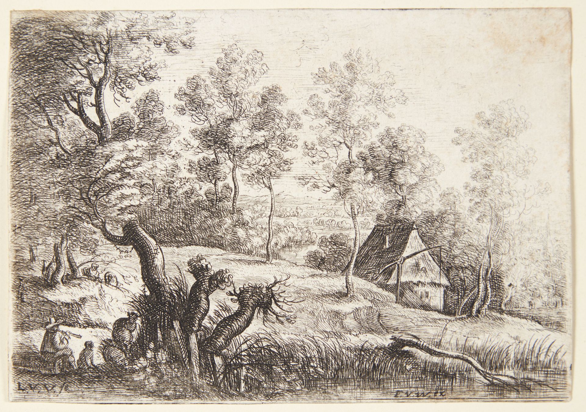 Landskab med et hus og en brønd, t.v. en fløjtespillende hyrde by Lucas van Uden