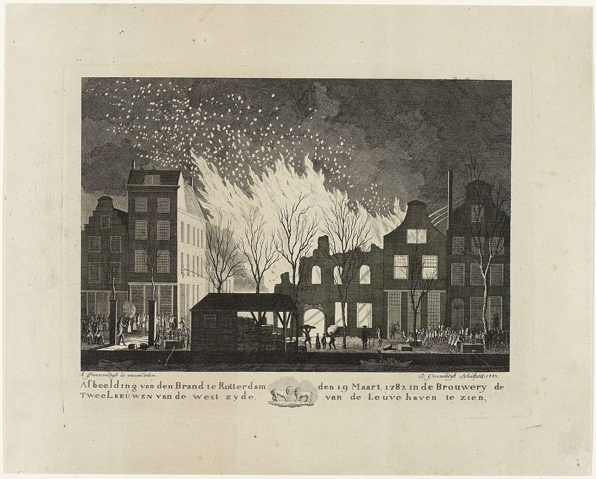 Brand in de brouwerij De Twee Leeuwen te Rotterdam, 1782 by Jacob Groenendijk
